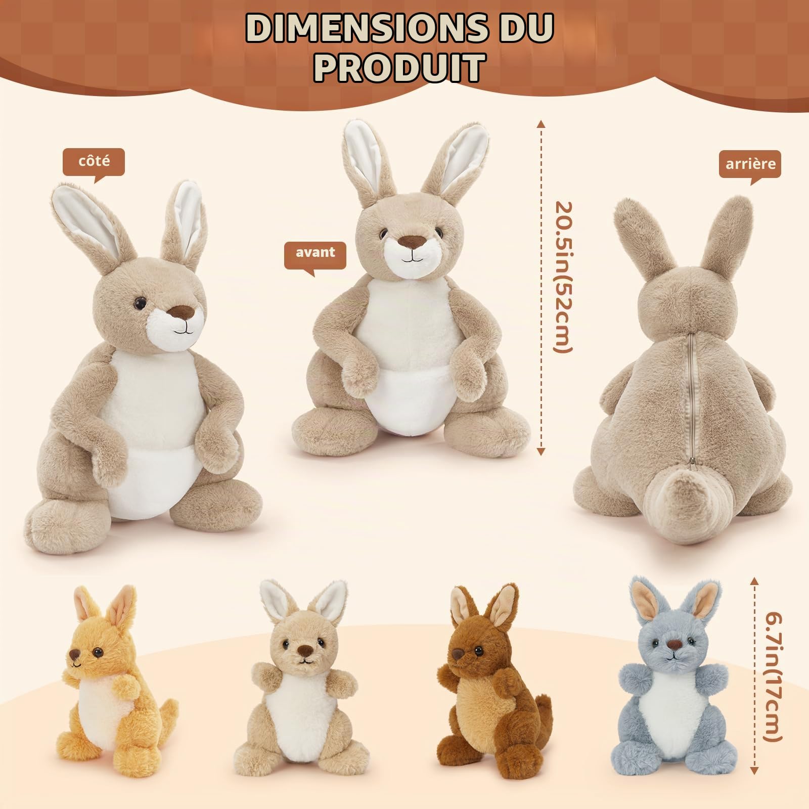 MorisMos Peluche Kangourou avec 4 Bébés 52cm, Famille Kangourou en Peluche, Peluche Maman et Bébés dans Poche, Animal Australien Doux, Cadeau Enfant, Cadeau Naissance, Décoration Chambre