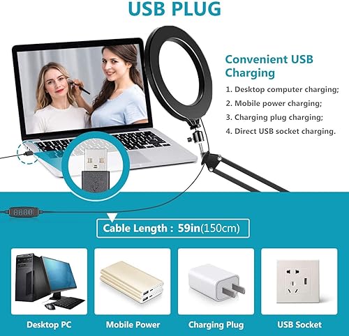 Miniatura 8 de Anillo de luz para cámara web, montaje en pared, luz de transmisión de 10 pulgadas con soporte de pared plegable compatible con cámaras web Logitech