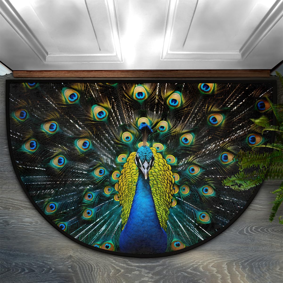 DJYQBFA Peacock Animal Half Round Door Mat 24x36 Inch Non Slip Half Circle Area Rug Washable Half Moon Bathroom Rugs Semi Circle Carpet for Indoor