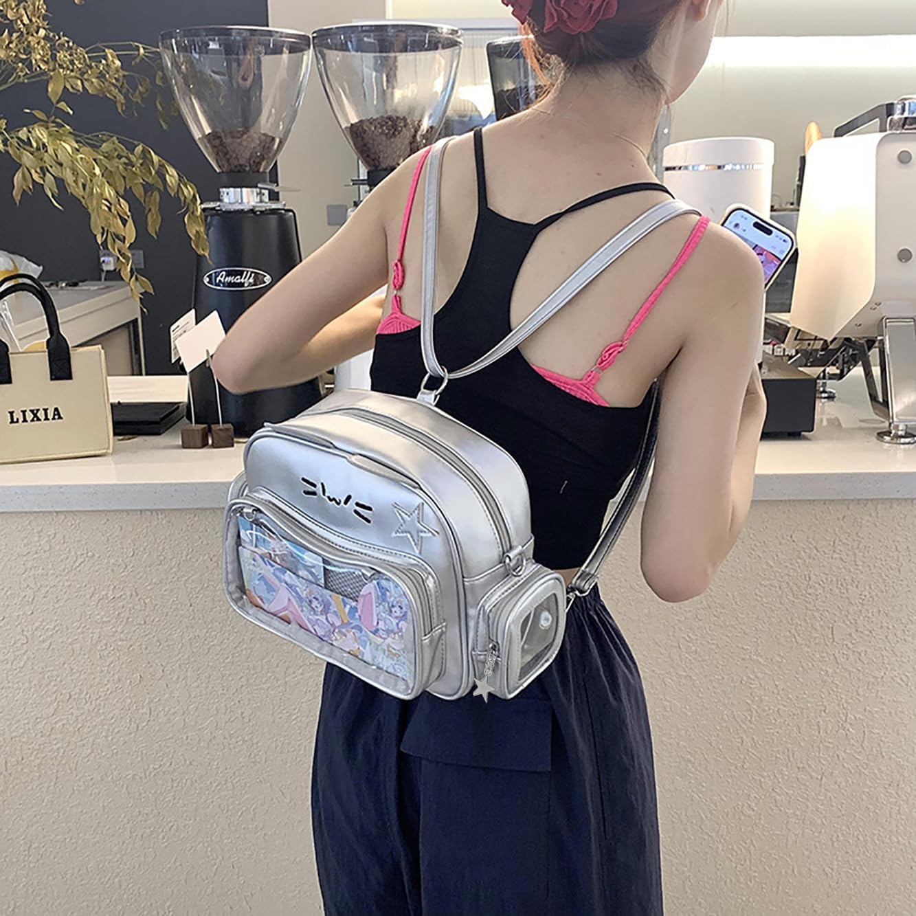 Cute Cat Ita Bag Backpack – Kawaii Pin Display Crossbody Bag for School & Cosplay, Silver - Image 6
