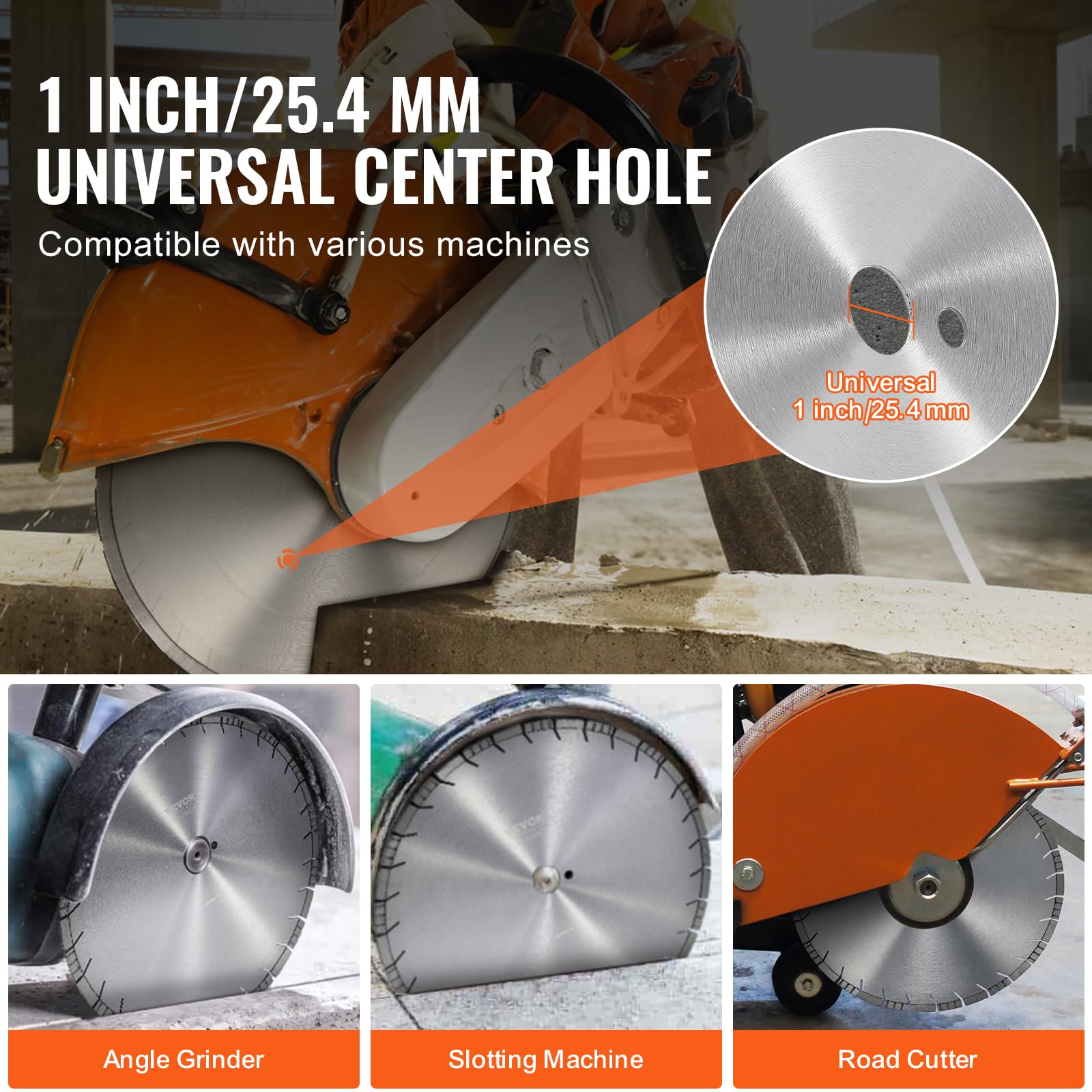 VEVOR Disque à Tronçonner Diamanté 450 mm, Disque Diamant Humide ou Sèche, Lame de Scie à Béton avec Dents Inclinées de 12 mm, Diamètre du Trou Central Universel 25,4 mm, pour Béton, Carrelage, Brique