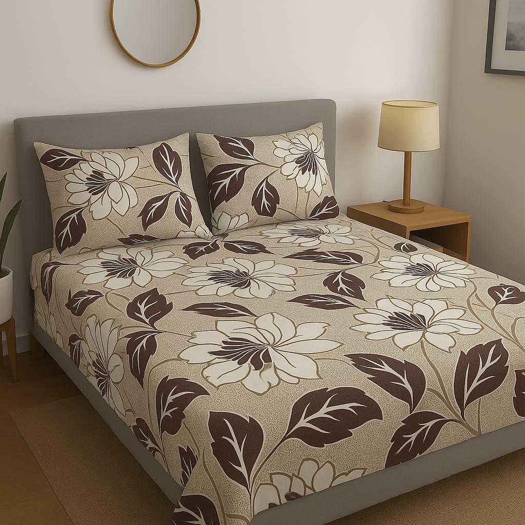 Mocha Bloom Elegance Blend Cotton Feel Flat Double Bedsheets with 2 Pillow Covers | Double Bed Breathable| Wrinklefree Ultrasoft 144 TC Supersoft 90 x 100 Inches Beige & Brown Floral Print-image-10