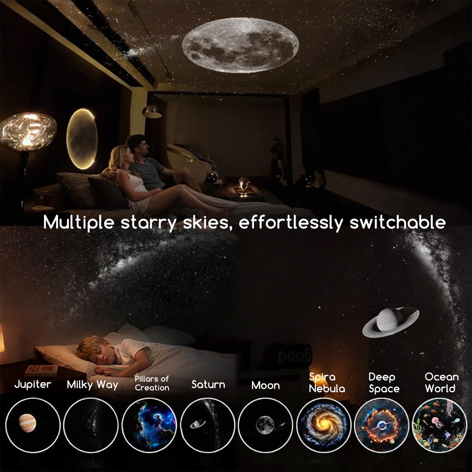 Veilleuse étoilée portable avec 12 films coulissants, rotation à 360 degrés, alimentation USB, pour chambre à coucher et décoration de voiture, adultes et enfants