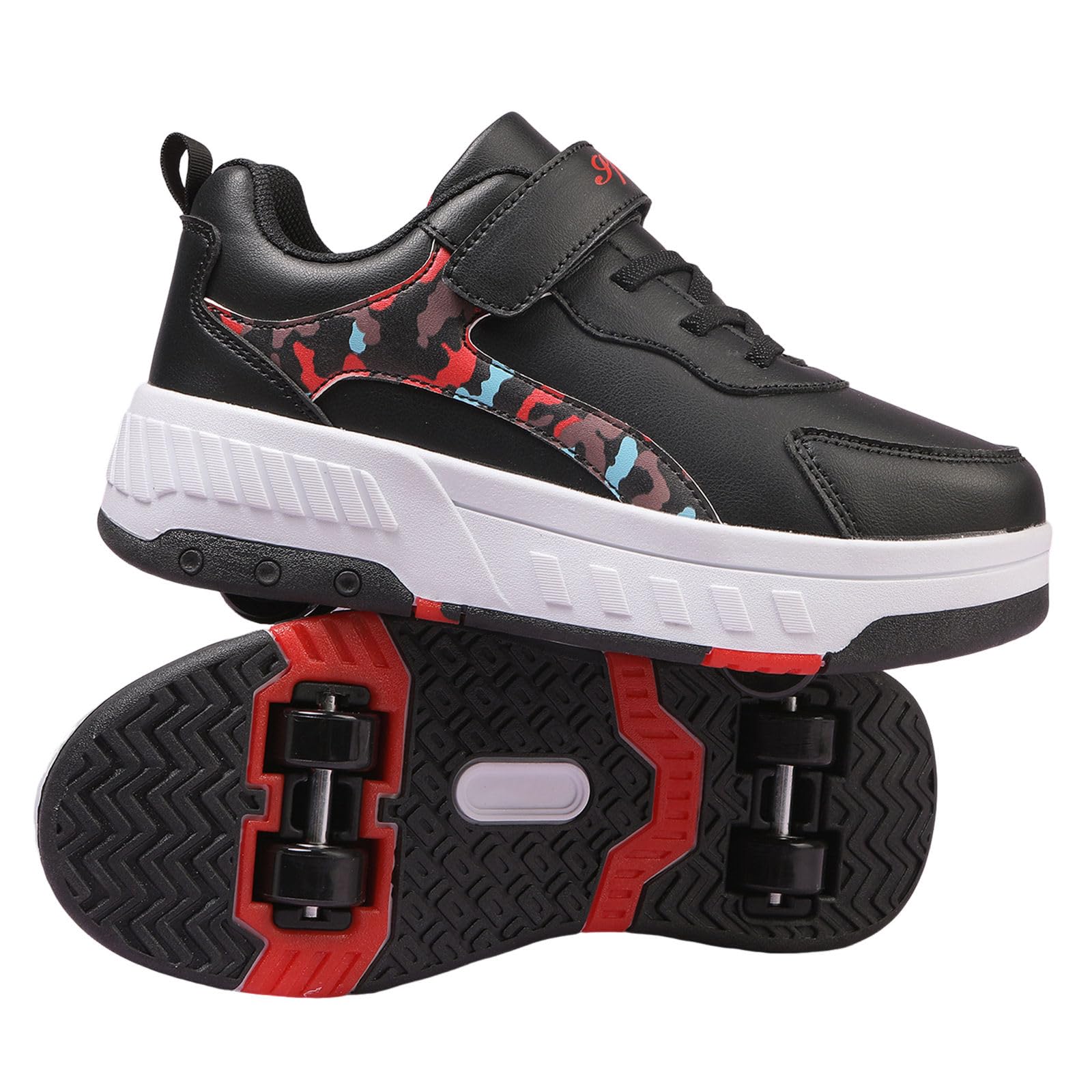 Surwin Chaussures Enfant avec roulettes, Motif Camouflage Chaussures à roulettes 4 Roues Boucle en Nylon Chaussures de Skateboard Fille Garçon Basket à roulettes Chaussure Roller