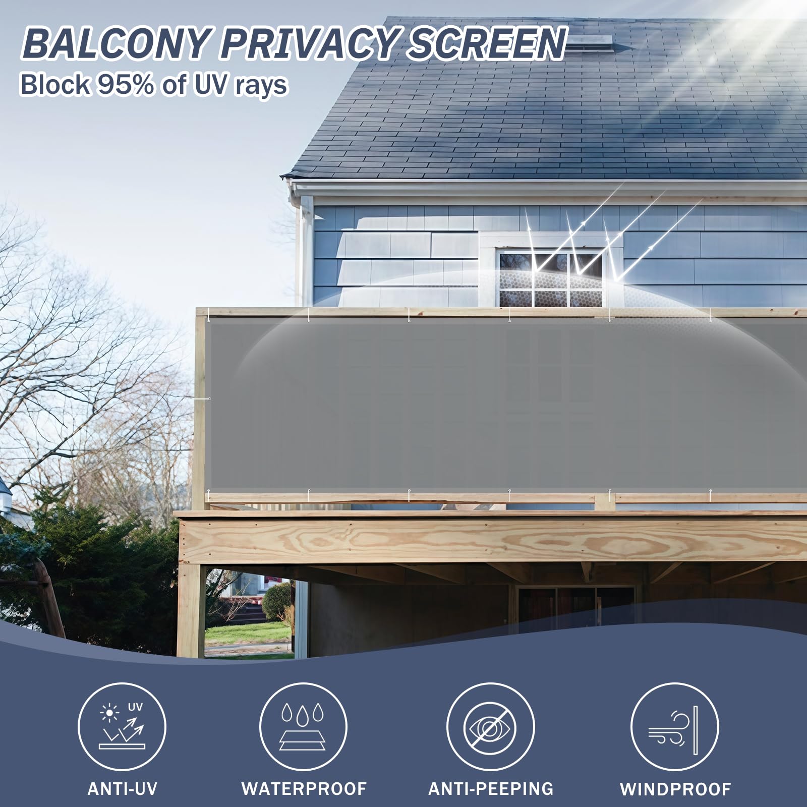 HENG FENG Balcony Privacy Screen 90x800cm PES, Windproof and UV-Protection Screening for Outdoor Fencing and Protection Grey - Image 3