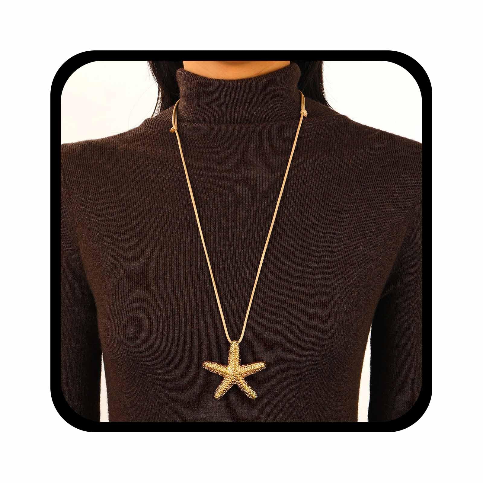 Dervivea Collar con colgante de estrella de mar estilo bohemio, collar largo de cuerda de cera, collar de cuero con estrella de mar dorada, collar de cadena de estrella de mar para mujer, Zinc