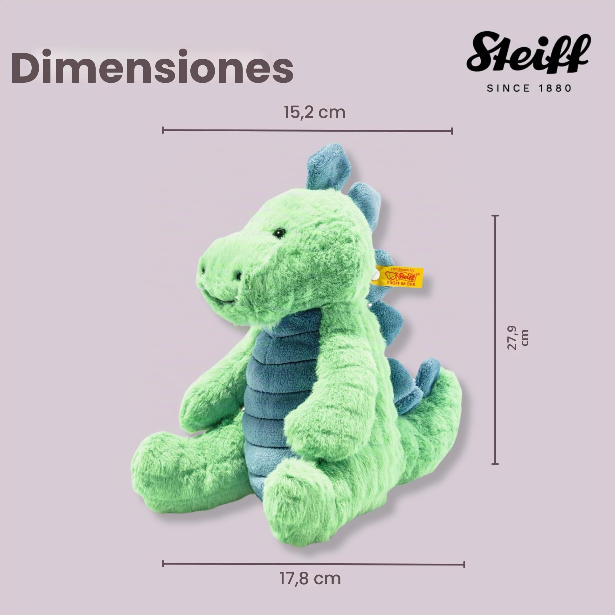 Steiff Peluche de estegosaurio Verde petróleo de 28 cm, Peluche de Dinosaurio, Suave Cuddly Friends, Marca de Peluche con botón en la Oreja, para bebés Desde el Nacimiento