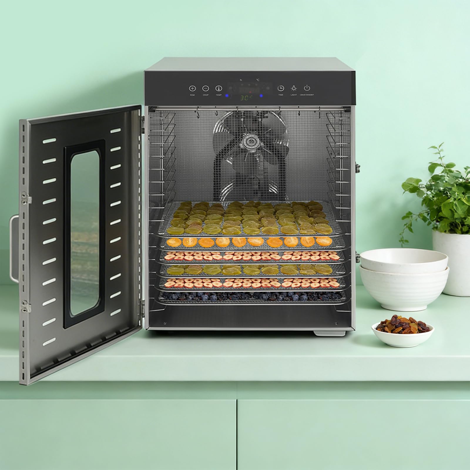 Deshidratador de acero inoxidable con 16 niveles, control de temperatura de 20 – 90 °C, temporizador de 24 horas y libro de recetas, 1370 W, doble ventilador deshidratador para un secado eficiente de