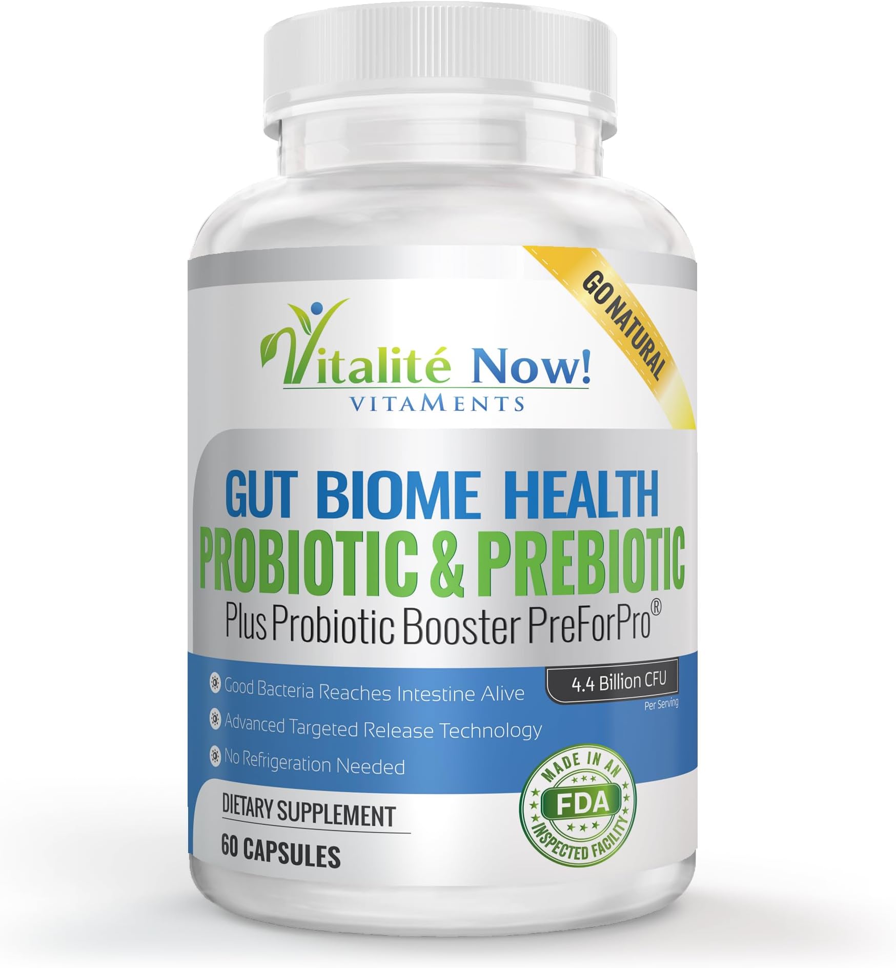 Premium Probiotic plus Ultimate Prebiotic - Gut Biome Builder & Restoration - 4.4 Bn CFU - Best for Women & Men - Bacteria Reaches Intestine within Hours - No Refrigeration - Bacillus Subtilis