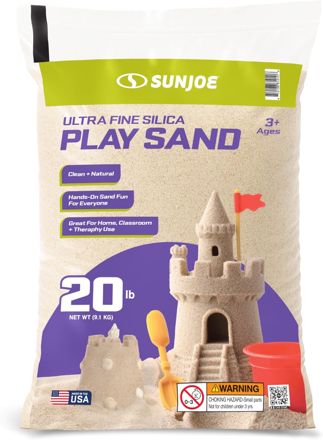 Sun Joe Silica Play Sand for Sandbox, Sensory Table & Garden Spaces, Ultra Fine, 20 Lb Bag - Indoor and Outdoor Natural Craft Accessory for Molding, Digging, Sculpting and Gardening, PLYSAND20