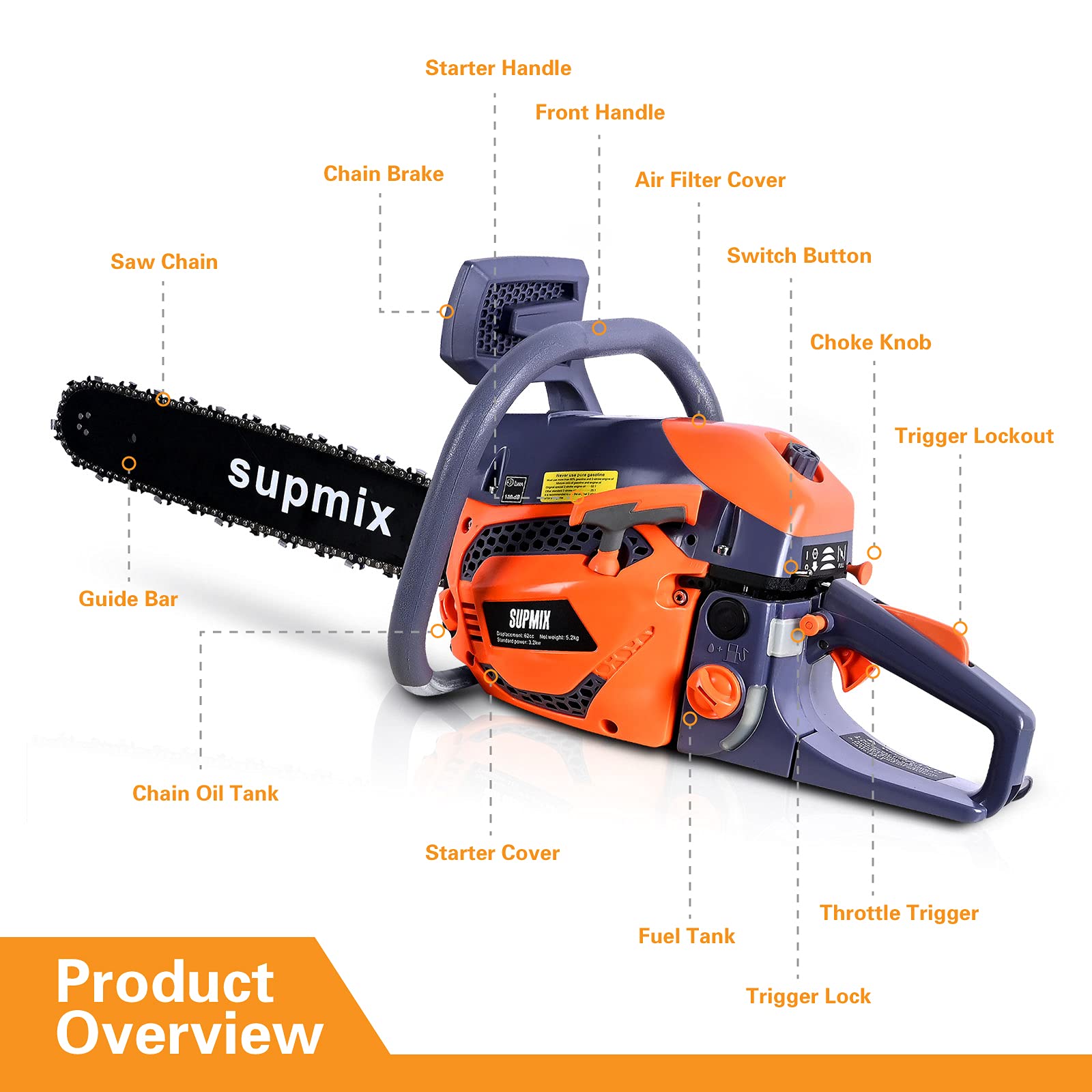 Supmix Gas Chainsaw 62CC 20 Inch,Gas Powered Chainsaw,2 Cycle Gasoline