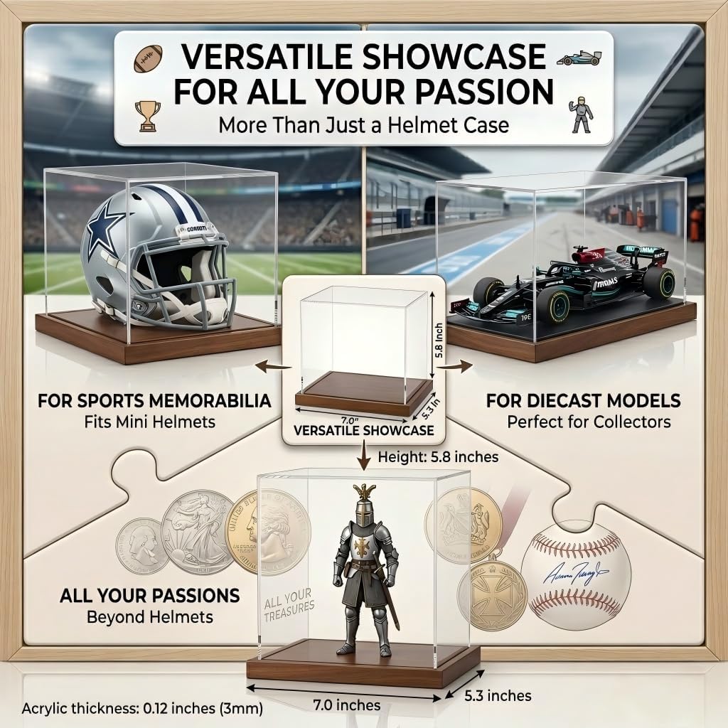 Mini Helmet Display Case with Solid Wood Base UV Protection Acrylic Showcase for Mini Helmets & Racing Memorabilia Display Box (Brown)