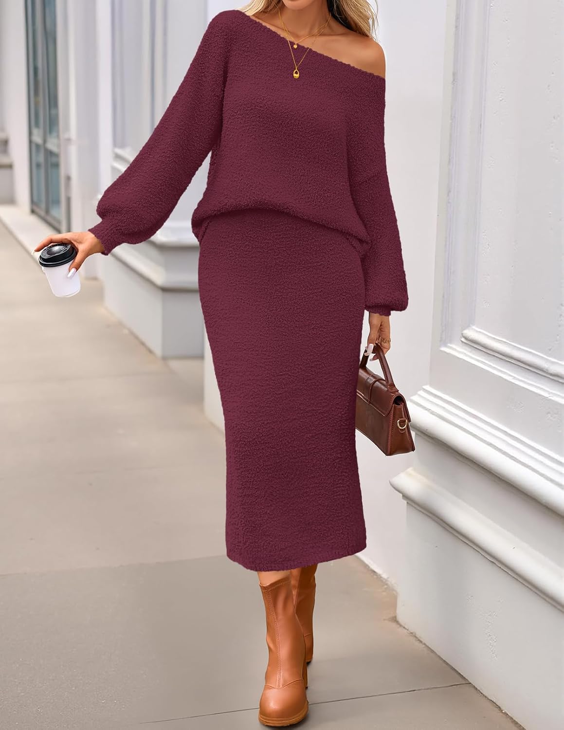 MEROKEETY Women's Fuzzy 2 Piece Outfit Winter Long Sleeve Off Shoulder Pullover Top Midi Skirt Matching Lounge Sets - Image 5