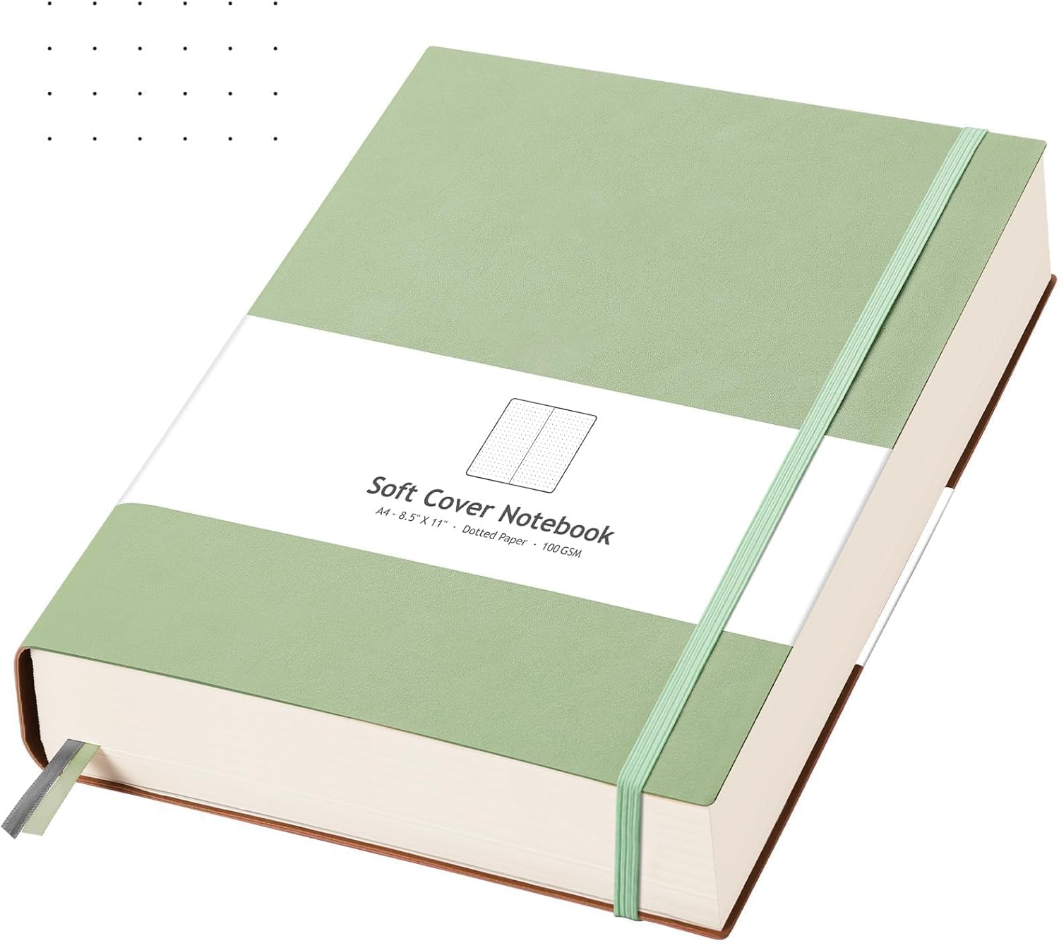 AHGXG Dotted Journal - Large A4 Notebook Dotted, 8.5''×11'', 320 Pages Dot Grid Notebook, 100gsm Thick Paper, Leather Softcover, with Journal Stencils, Inner Pocket, Light Green