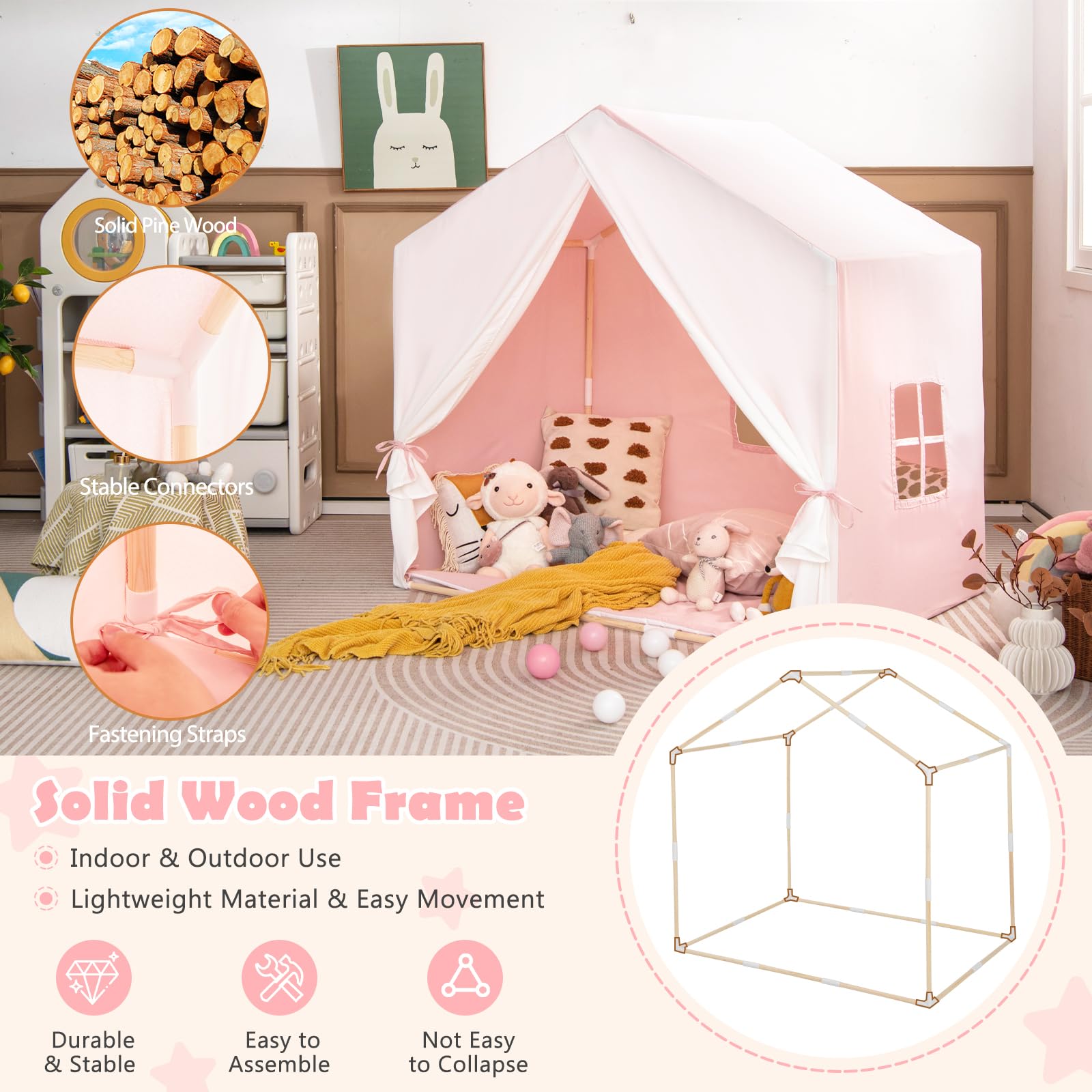 HOMASIS Kinderzelt Indoor, Spielzelt mit Matte, Vorhang, Flaggen, Spielhaus aus Holzrahmen, Bettzelt Prinzessin Zelt für Mädchen & Jungen ab 3 Jahren, Kinderspielhaus für Kinderzimmer (Rosa)