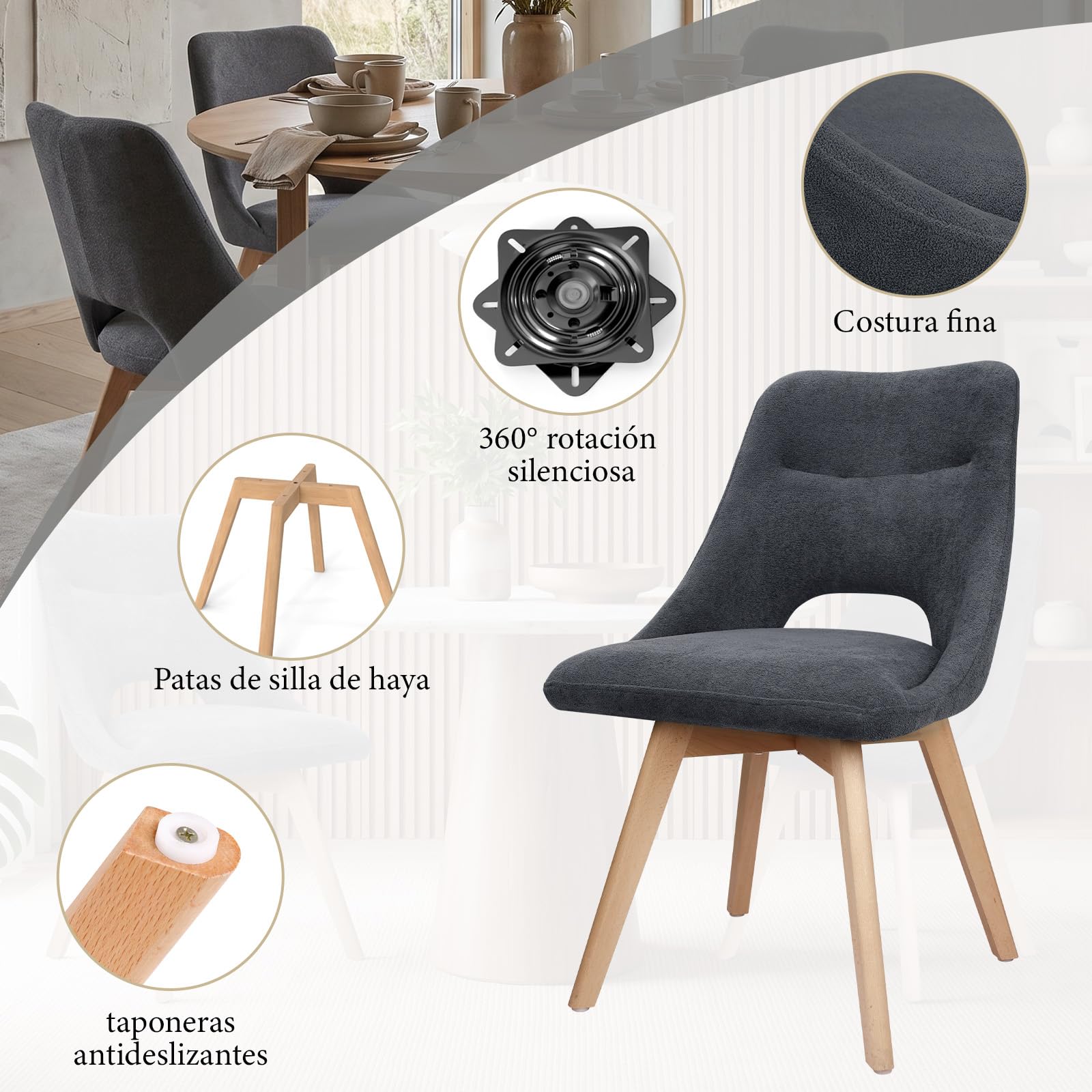 WAFTING Sillas de Comedor Giratorias 360° Acolchadas Pack de 4, Gris Oscuro | Tejido Similcachemir, Pata de Haya, Asiento Ancho de 48 cm, Respaldo Calado, para Comedor, Cocina, Salón y Cafetería