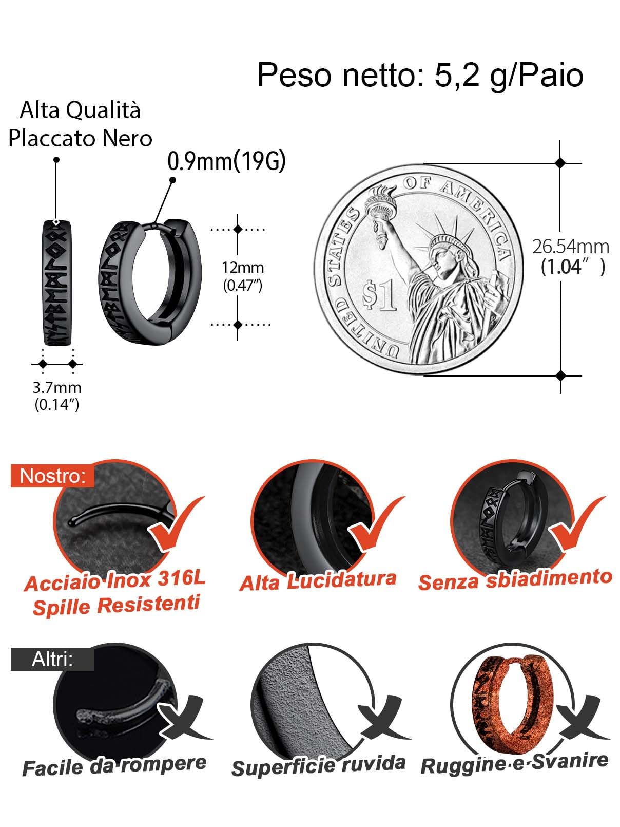 FaithHeart Uomo Donna Orecchini Cerchio di Rune Vichinghe Rune Celtiche Orecchini Cerchio Argento 925 / Acciaio Inox Antiallergico con Onice Gioielli Amuleto Nordico