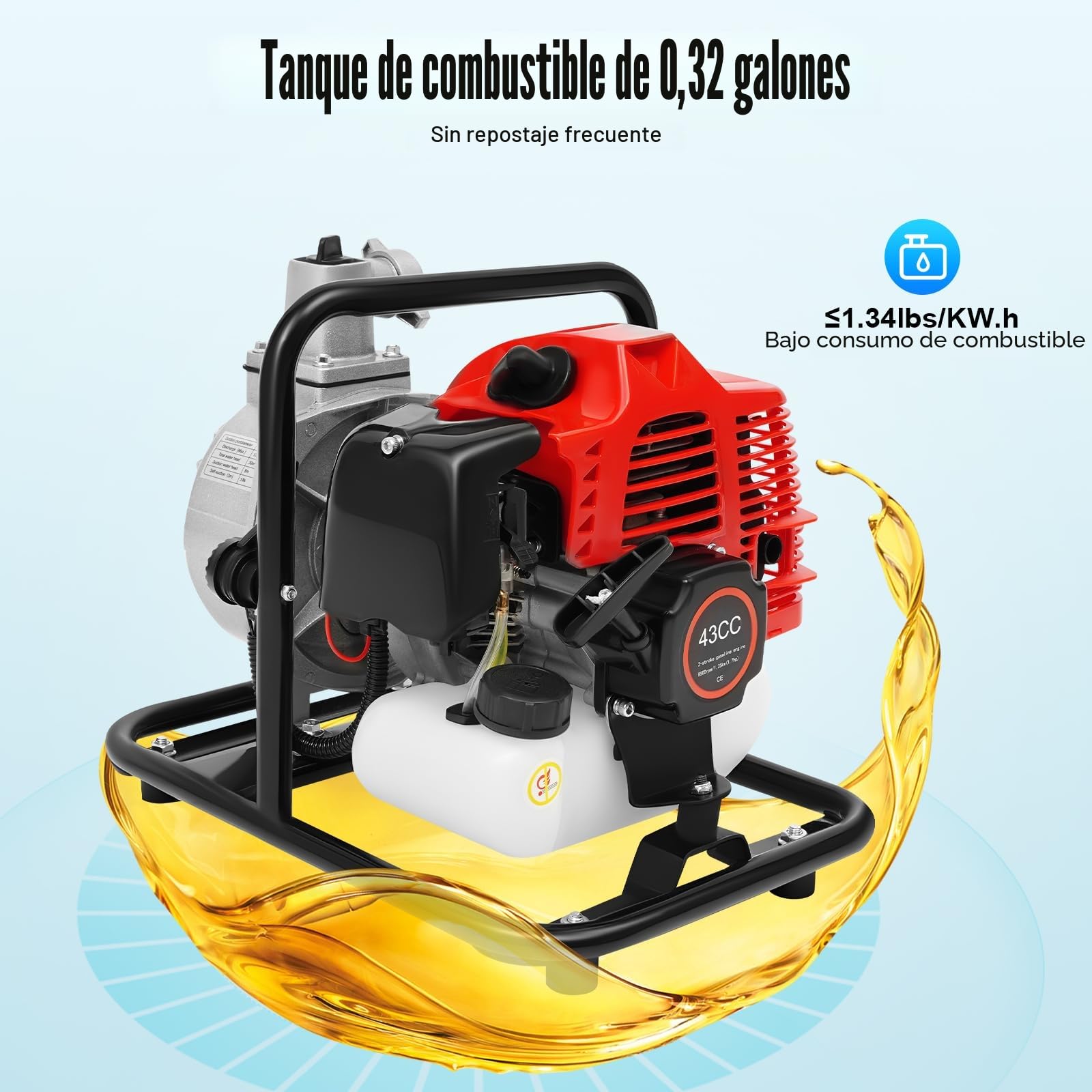Bomba de agua gasolina 1,25 kW/1,7 hp 8000 l/h 30 m, motor 2T, botella de aceite, filtro | riego/drenaje (610 g combustible)