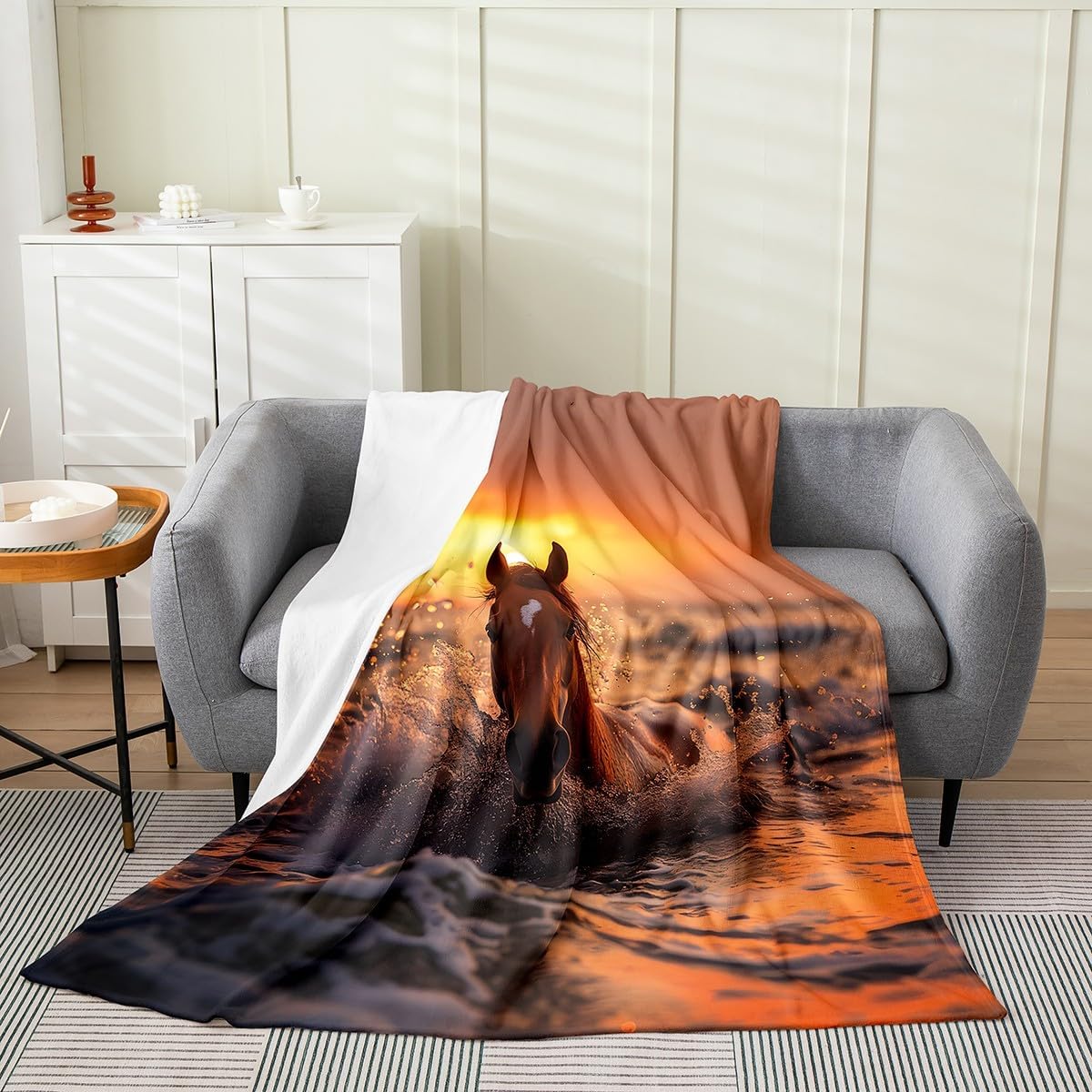 Feelyou Horse All Season,Bed Blanket Twin 60"x80" Setting Sun Plush Throw Blanket, for Sofa Couch Kids Women Men Ultra Soft Cute Animal Decor Flannel Fleece Blanket Farm Room Decor Horse