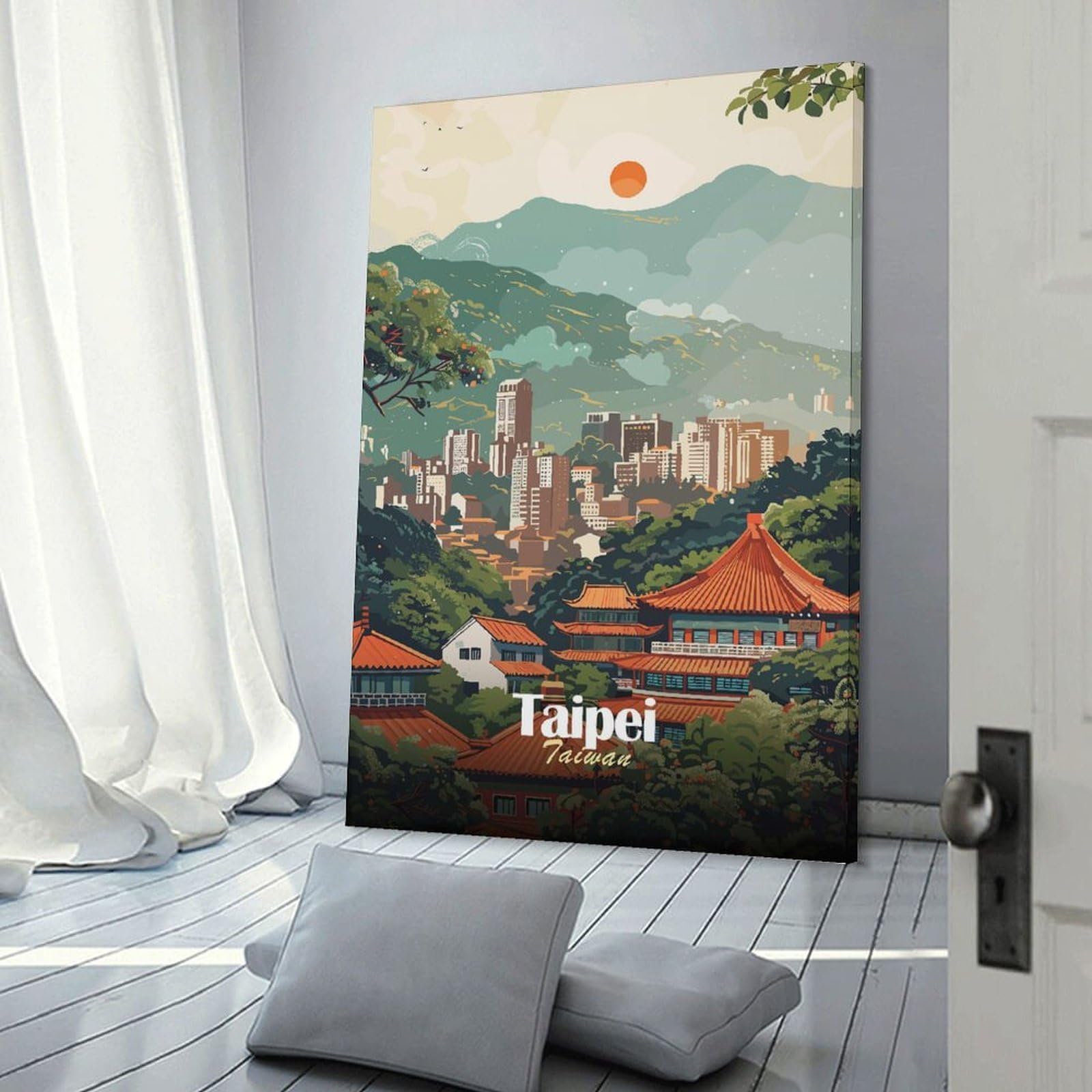 Junmoney Taipei Cityscape Illustration Canvas Art Print 20x30inch(50x75cm), for Art Walls, Layered Displays Or Homes, Decorative Artwork with Flexible Styling