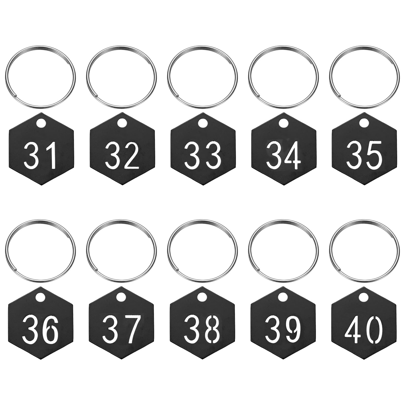PATIKIL 10PCS Number Tags 31-40, Number Key Tags Stainless Steel Numbered Keychain Metal Sheet Plate with Key Rings for Organizer Field Sales Hangers Clothes Labels ID, Hexagon, Black