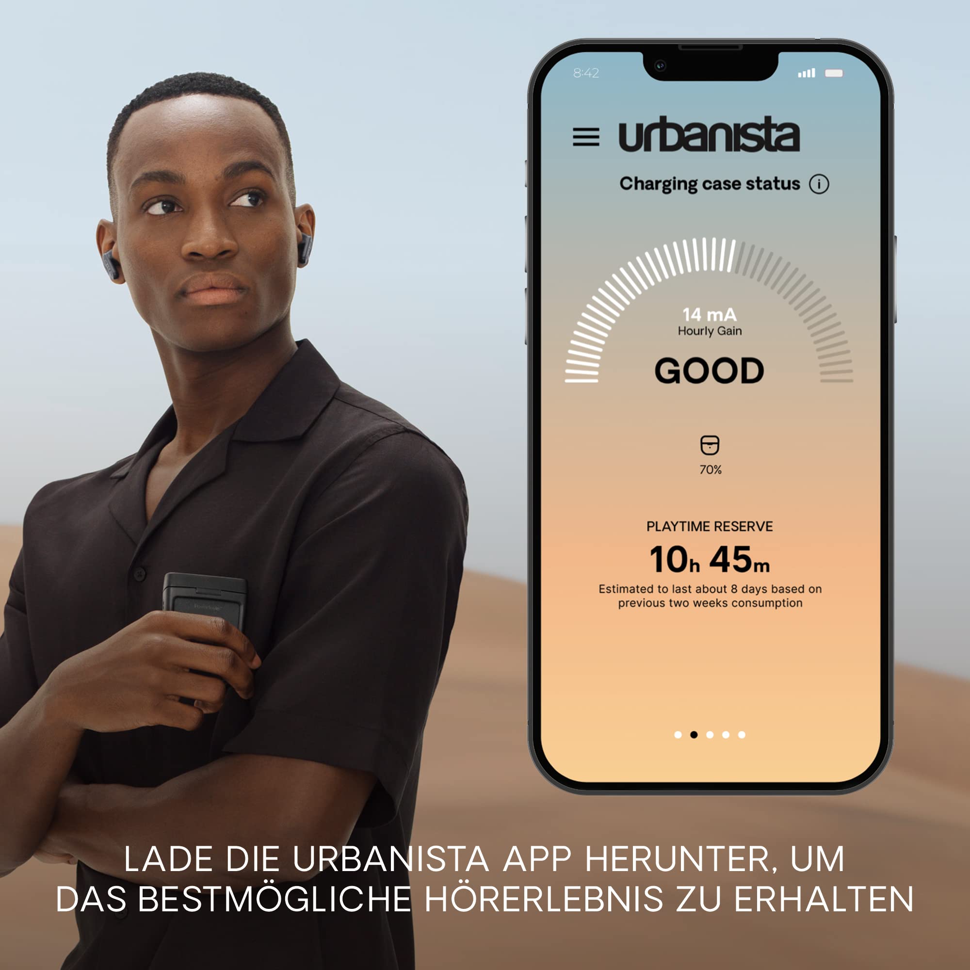 Urbanista Phoenix Solar In Ear Kopfhörer Bluetooth Noise Cancelling, unendliche Spielzeit, IPX4 Hybrid ANC True Wireless Earbuds, Earphones mit Ladecase kabellos und Multipoint, Mitternachtsschwarz