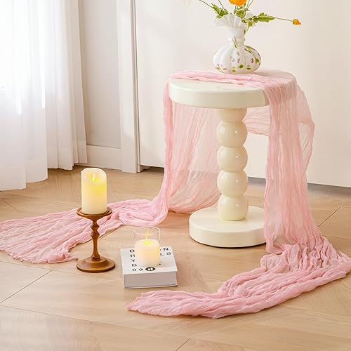 Miniatura 5 de Sioloc Camino de mesa de estopilla rosa claro de 120 x 35 pulgadas, gasa suave, bohemio, decoración de mesa de San Valentín para mesa de 10 pies,