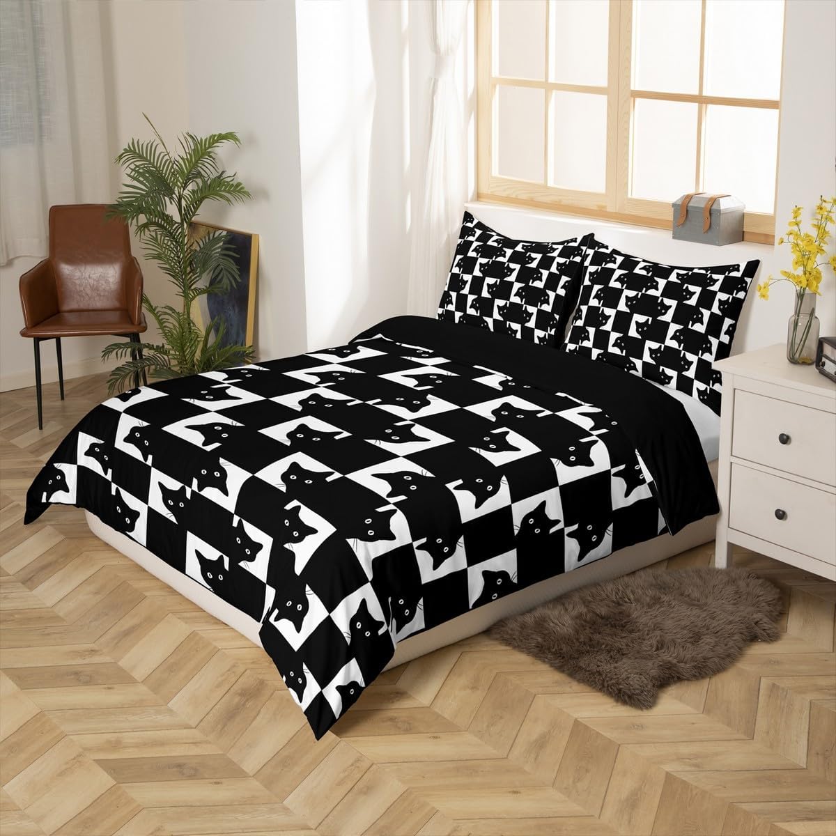 Feelyou Black Cats Duvet Cover King Size Checkered Bedding Set for Boys Girls Cat Lovers Comforter Cover Animal Bedroom Decor 3Pcs