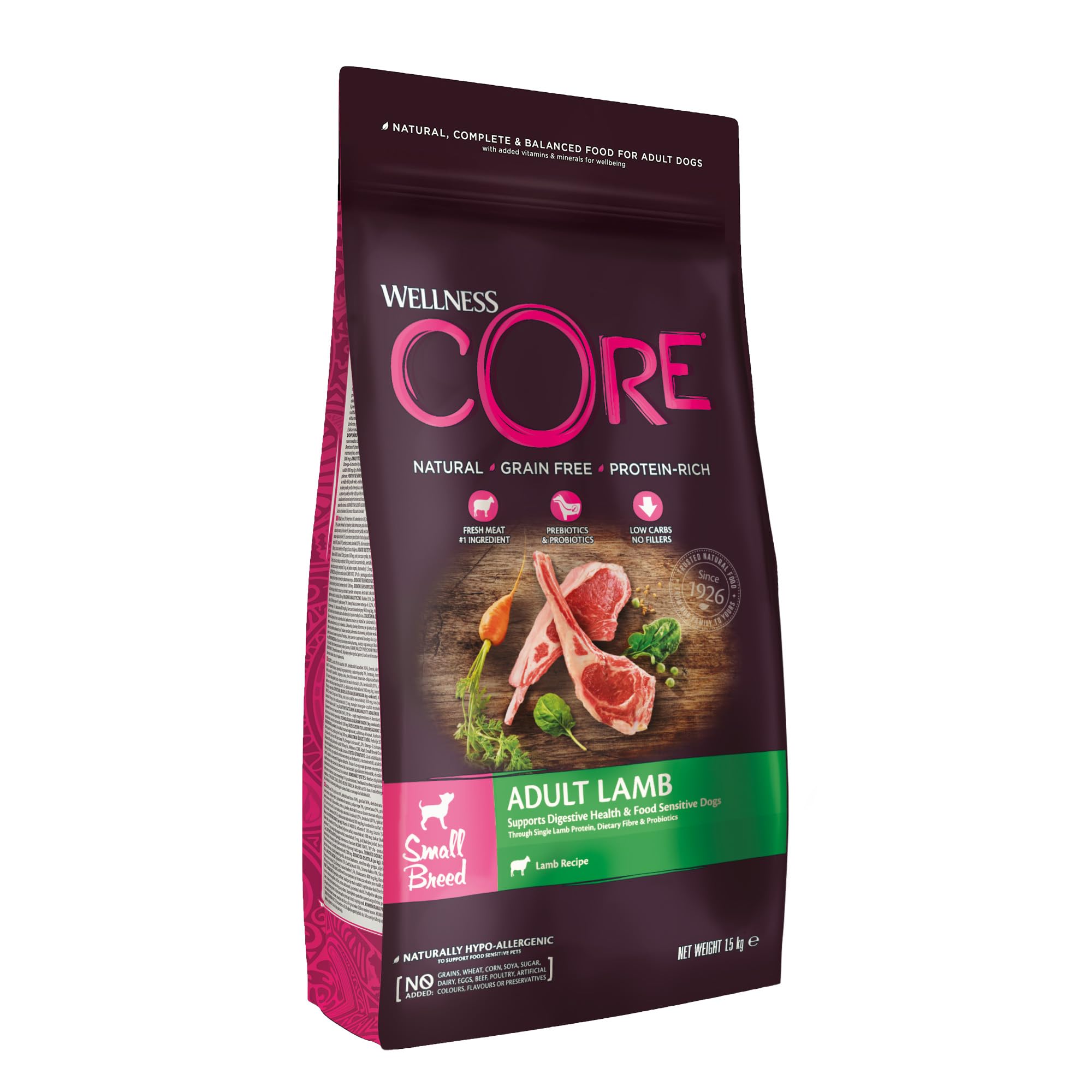 Wellness CORE Lamb 1.5 kg, Lamb – Dry Dog Food for Small Breeds, Grain-Free, Natural, Hypoallergenic, Protein-Rich, High Meat Content, Supports Healthy Digestion