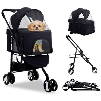 Dog Stroller Pet Cat Premium 3-in-1 Multifunction Jogger Stroller 3 Wheels for Medium Small Dogs Cats Detachable Carrier with Storage Basket Waterproof Lightweight Folding for Travel, Black