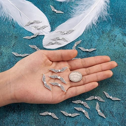 Miniatura 2 de FASHEWELRY 100 cuentas espaciadoras de ala de ángel de filigrana de plata antigua, cuentas de metal tibetano huecas de ala de hada, 0.276 x 1.260 in