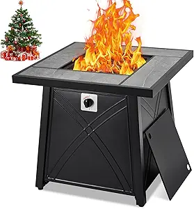 28 Inch Gas Fire Pit Table, Outdoor Propane Fire Pit Table with Steel Lid & Volcanic Rock, Square Firepit Adjustable Footpads for Gatherings Parties on Patio Deck Garden Backyard