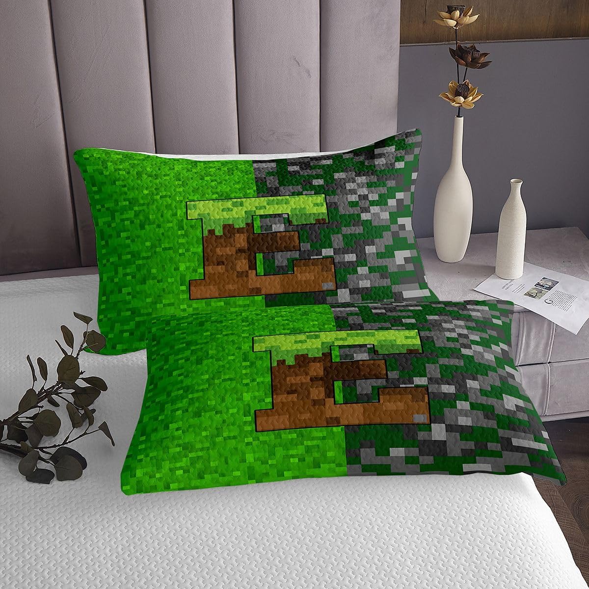 Pixelated Alphabet Gamepad Kids Bedspread Twin Size,Letter E Video Games Geometric Grids Coverlet Set,Room Decor,Square Abstract Plaid Patchwork Quilted Coverlet,Green Gray Bedding Quilt,1 Pillowcase