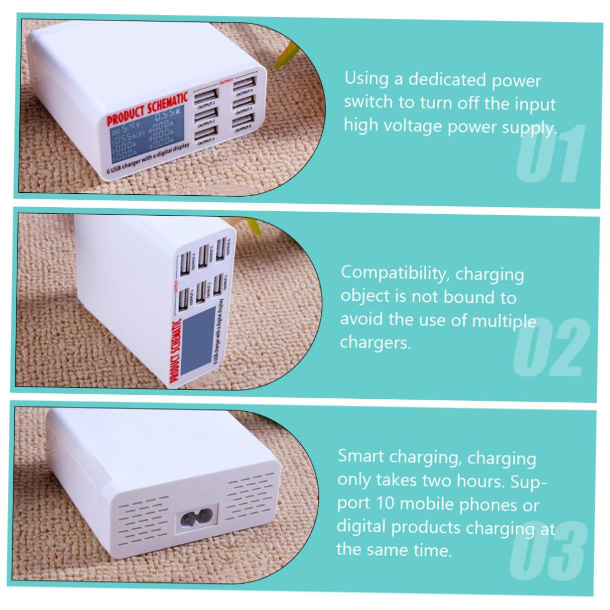Operitacx Chargeur Secteur Multiports USB 6 Ports Écran LCD 40w en Abs Pc, Protection Court-Circuit, Recharge Simultanée de 10 Appareils Mobiles