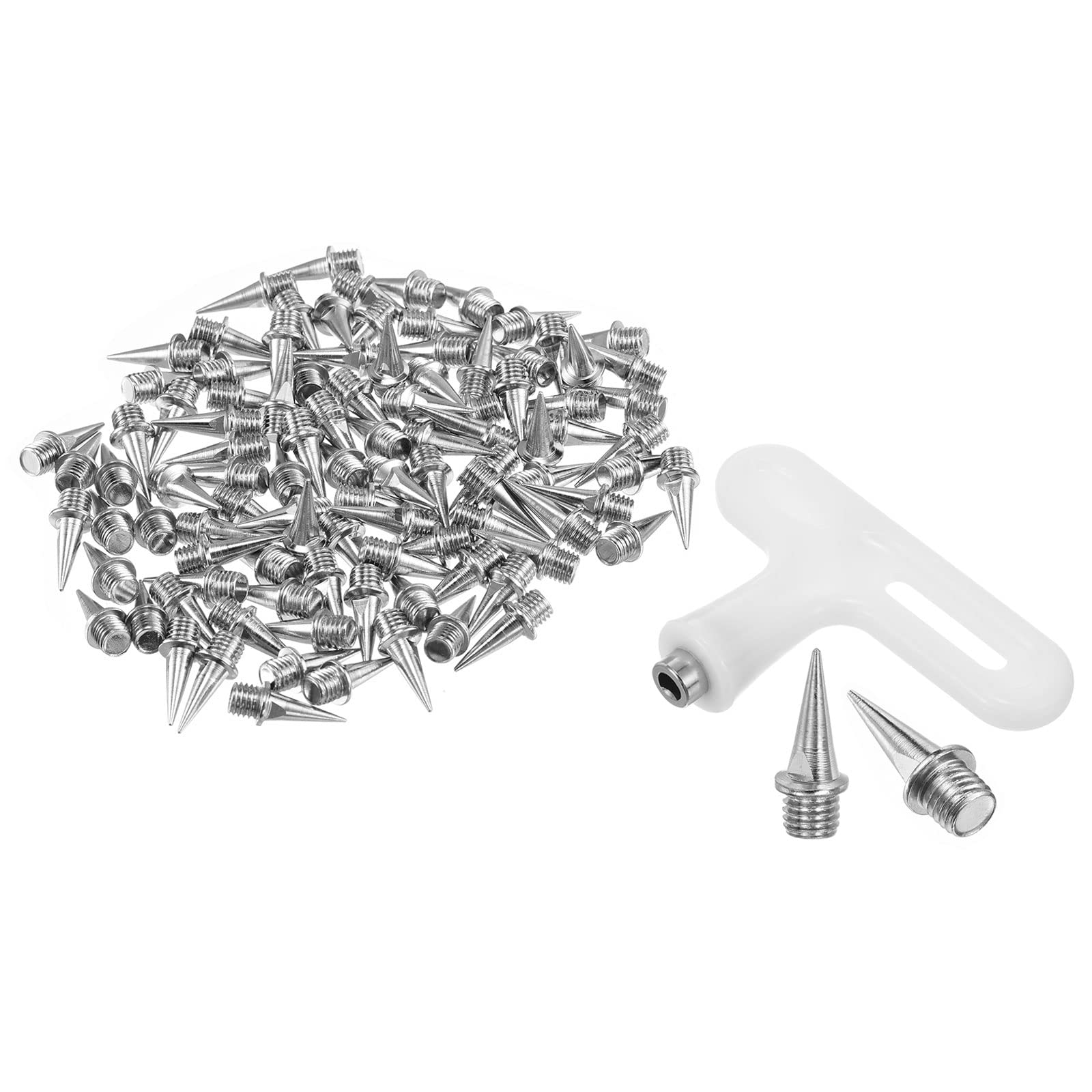 PATIKIL 1/2 Inch Steel Track Spikes, 100 Pack Sports Shoes Spikes Replacement Accessories with Spike Wrench for Long Jumping Running, Silver Tone