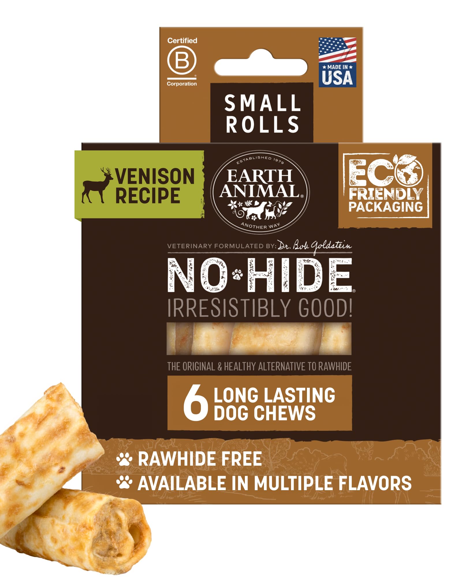- No Hide Chews - Long Lasting Rawhide Free Small Dog Chews Rolls, Venison - 6 Count
