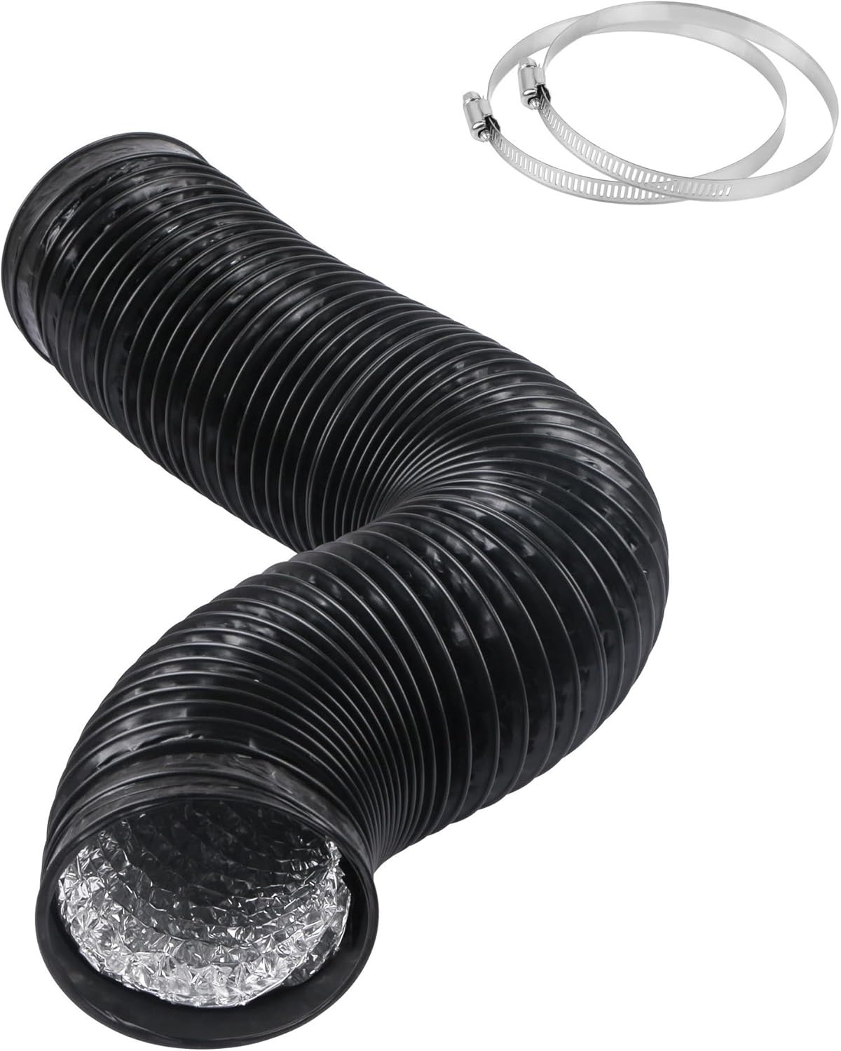 CABAX 6 inch Diameter, 5 Feet Length Air Ducting, 15cm Diameter Flexible Black Aluminum Vent Hose for HVAC Ventilation with 2 Clamps