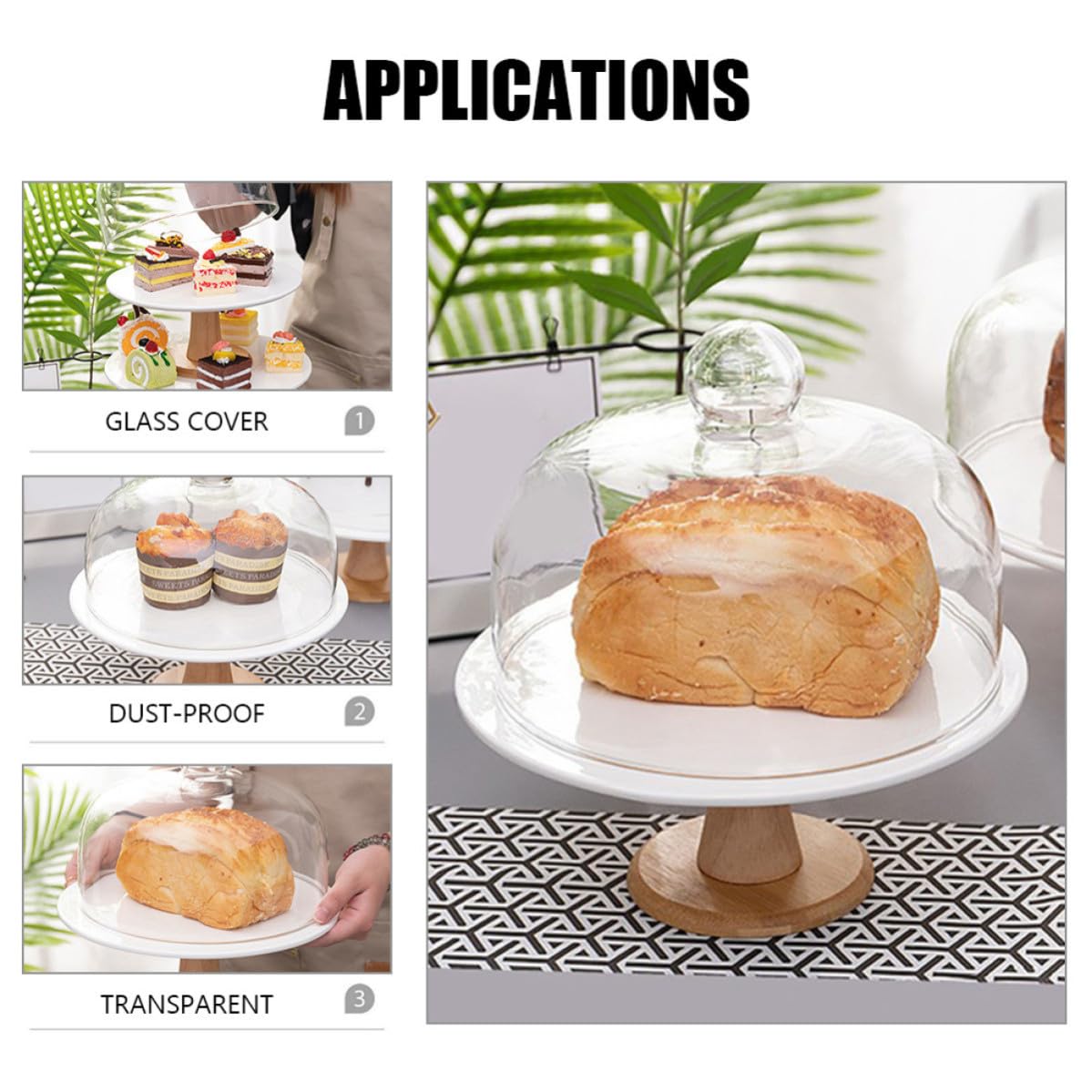 Alzatina per Dolci con Coperchio Grande in Vetro Ceramica | Muffin e Pasticceria, per Matrimoni e Compleanni, Supporto Decorativo in Legno