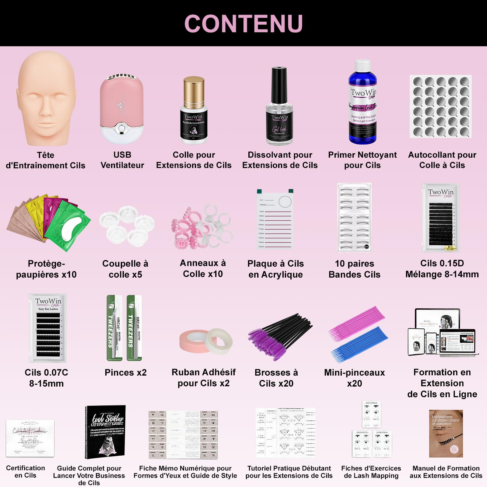 Kit d'extension de faux cils TwoWin, kit de formation professionnel pour mannequin tête pour débutants en extension de cils, pratique en cosmétologie, accessoires pour esthéticiennes