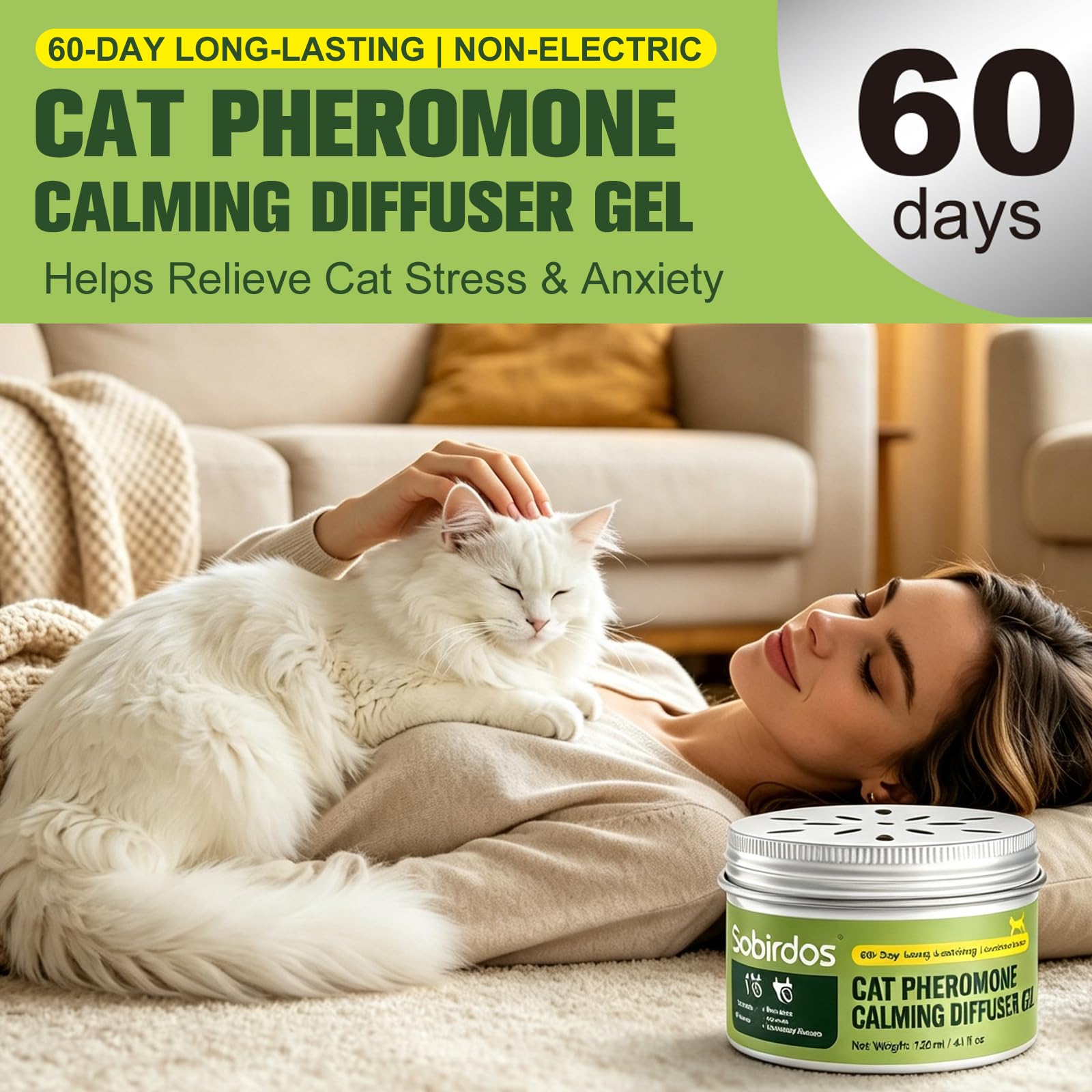 Diffusore Gel Calmante per Gatti, 120ml Senza Elettricità, 60 Giorni Durata, Coperchio Regolabile, Sicuro per Gatti Domestici e Multi-Gatto (Bianco, M)