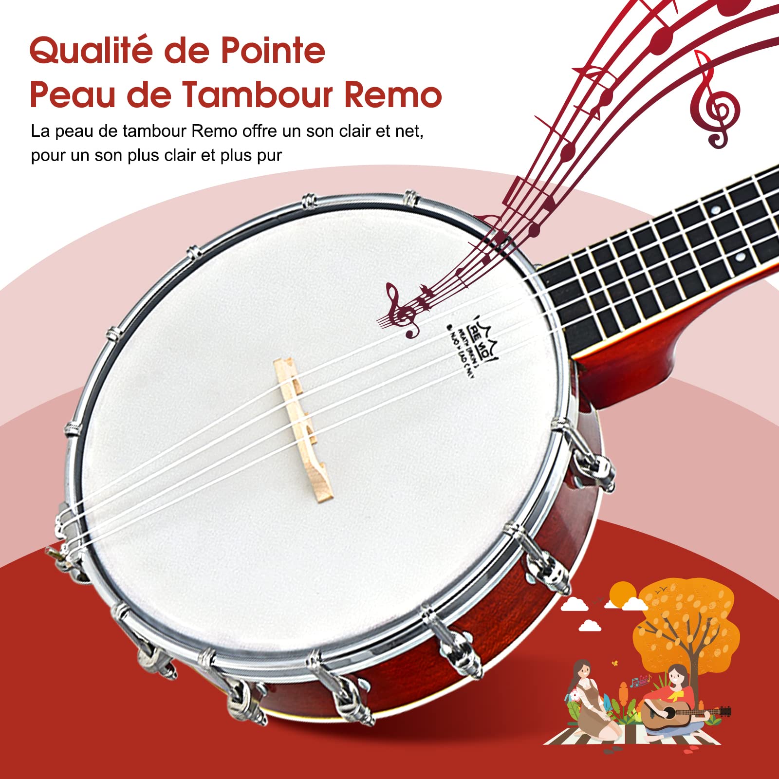 COSTWAY Banjo 4 Cordes avec Tambour Remo et 12 Supports en Acier, Mini Banjo Portable avec Pont en Erable, Accordeur 18:1, Sac de Transport, 62cm pour Débutants et Enfants