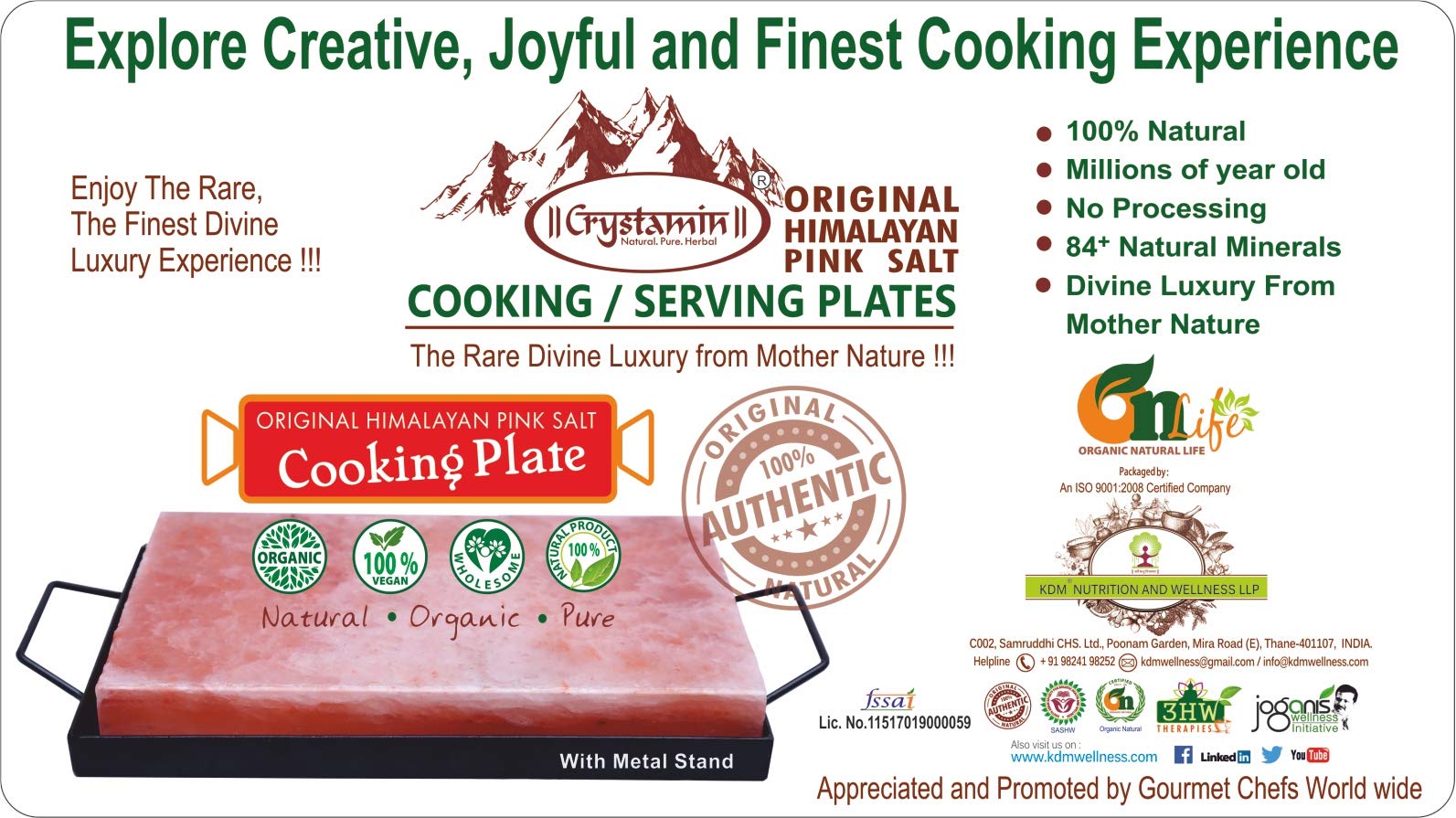 Original Himalayan Pink Rock Salt Cooking Plate with Metal Stand