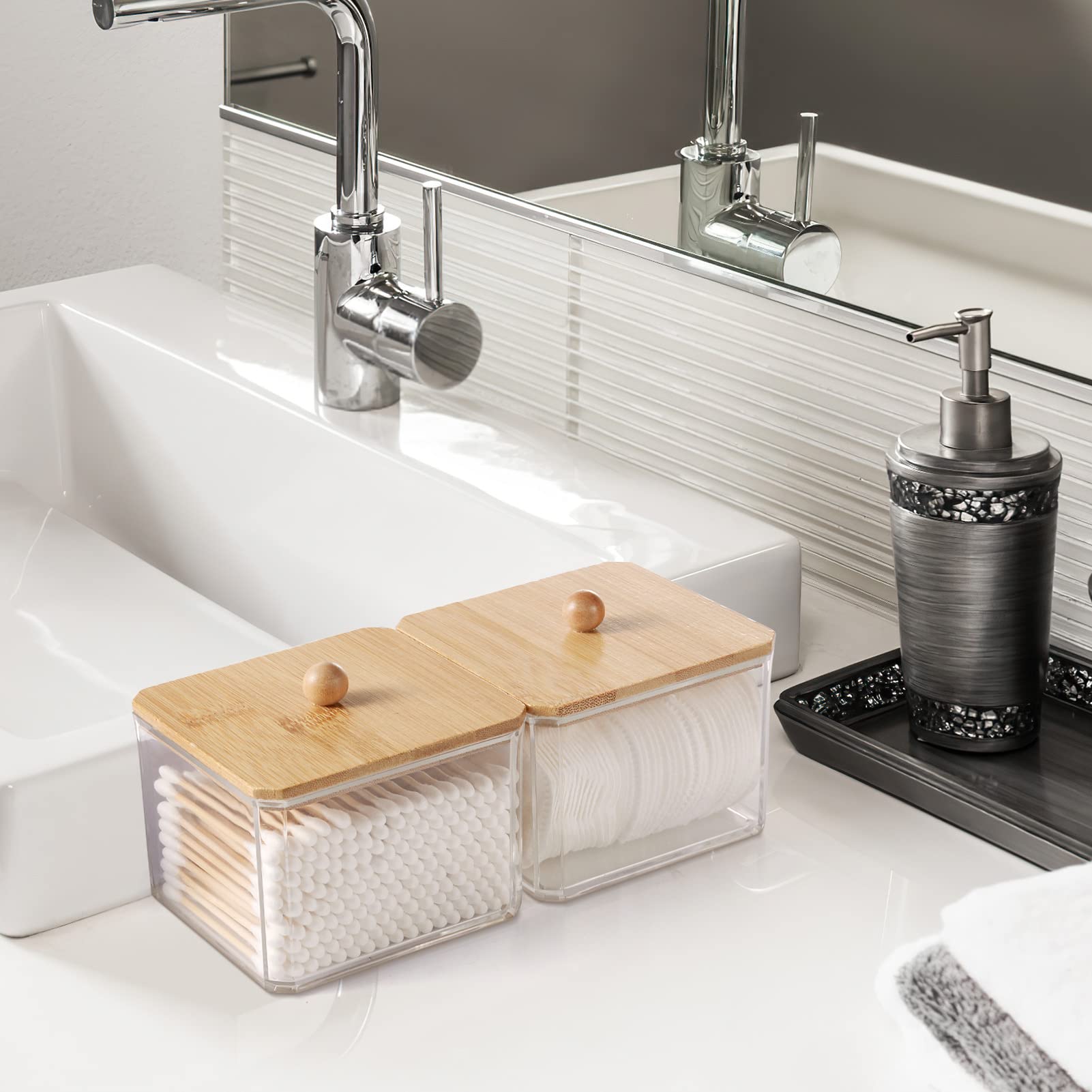 2 Pezzi Porta Dischetti Struccanti e Cotton Fioc, Contenitore Acrilico per Bagno, Dispenser Organizer con Holder