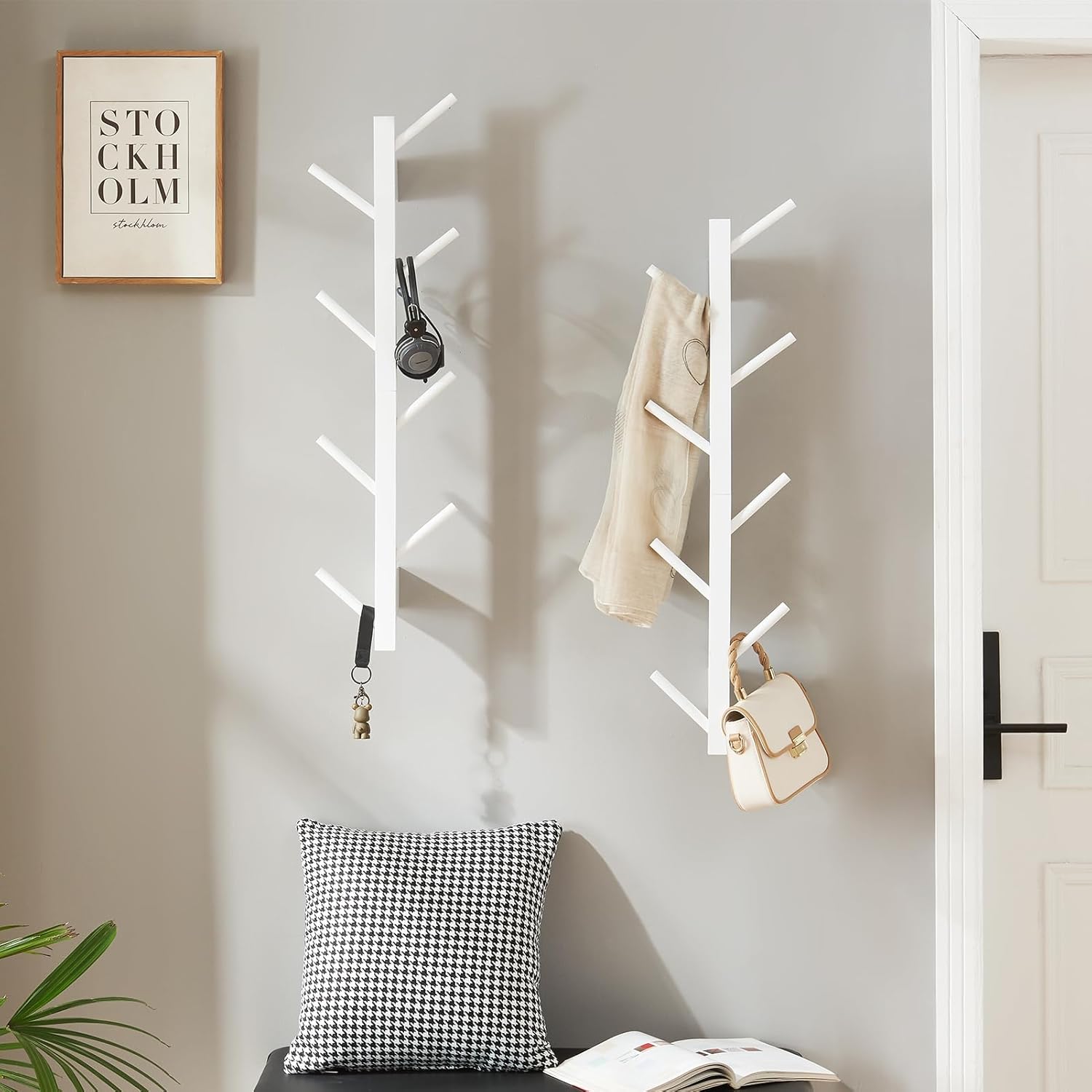 2 Pack Vertical Wall Coat Rack, Bamboo Wall Mounted Hat Hooks Hanging Wooden Racks Hanger Wall Mount Tree for Hats Coats Hacket Clothes Bags Entryway Bedroom(White)