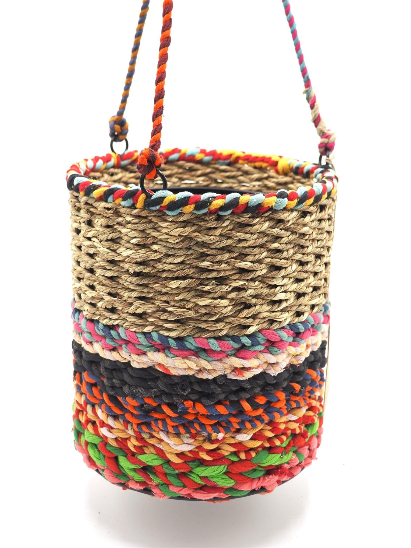 Pot Buddies Jardinopia Eco-Friendly Medium/Tall Hanging Planter – Reclaimed Sari Fabric & Munja Grass With Metal Liner