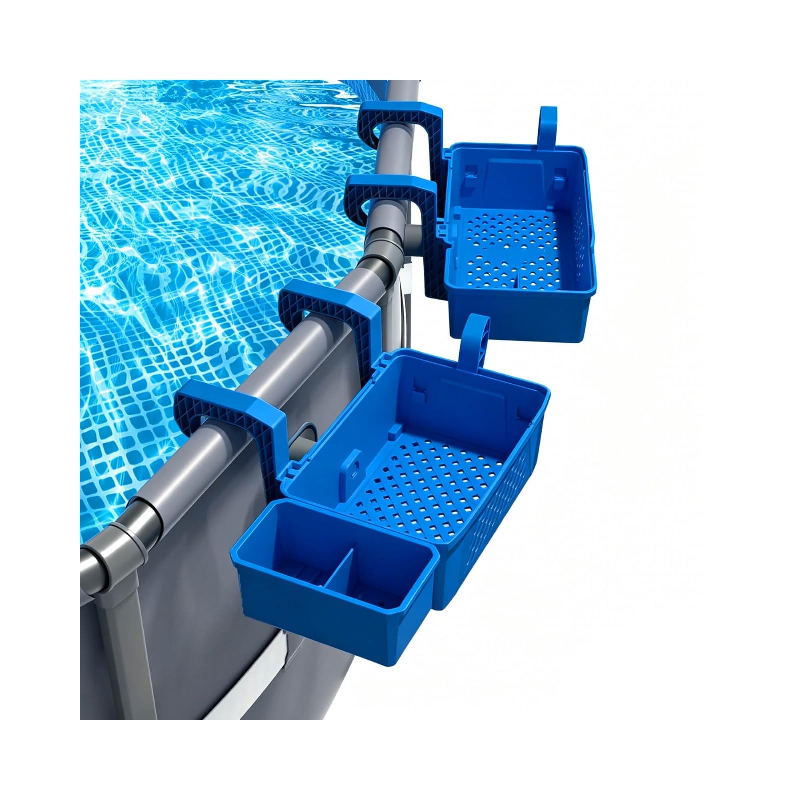 Poolside Storage Basket with Cup Holders & Hanging Hook Large Capacity Swimming Pool Accessories Organiser Hangable Basket Ideal for Deck Storage and Beverage Management (Blue)