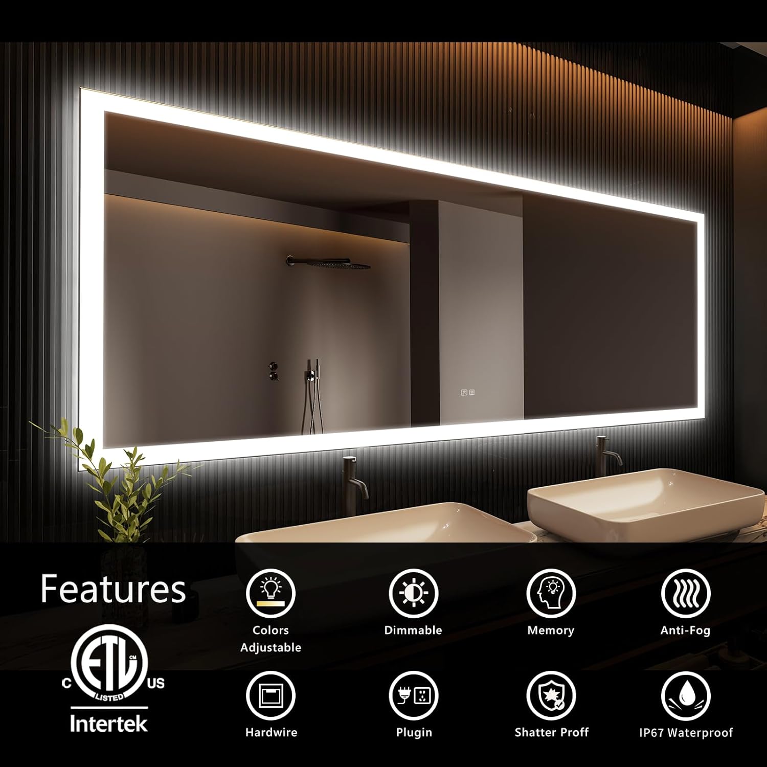 APRILSOUL 72x36 Inch LED Mirror for Bathroom, Led Vanity Mirror with Front and Backlit, 3 Color Lights, Memory Function, Anti-Fog and Dimmable Light (Horizontal/Vertical)