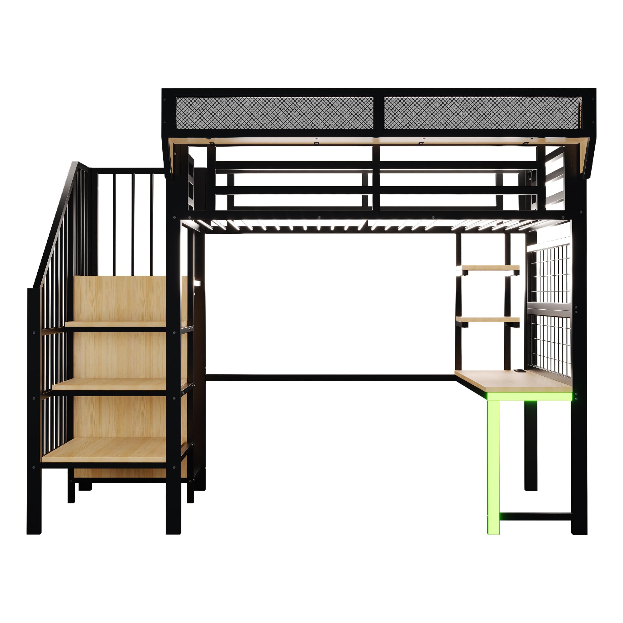 Letto a soppalco in metallo, 90 x 200 cm, con scrivania, mensola, letto per ragazzi con scala di stoccaggio, LED e presa, multifunzionale, per bambini e ragazzi, senza materasso (nero, 90 x 200