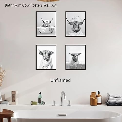 Miniatura 6 de Divertido arte de pared de vaca de las tierras altas, pósteres vintage de animales de las tierras altas en blanco y negro, impresiones de lienzo