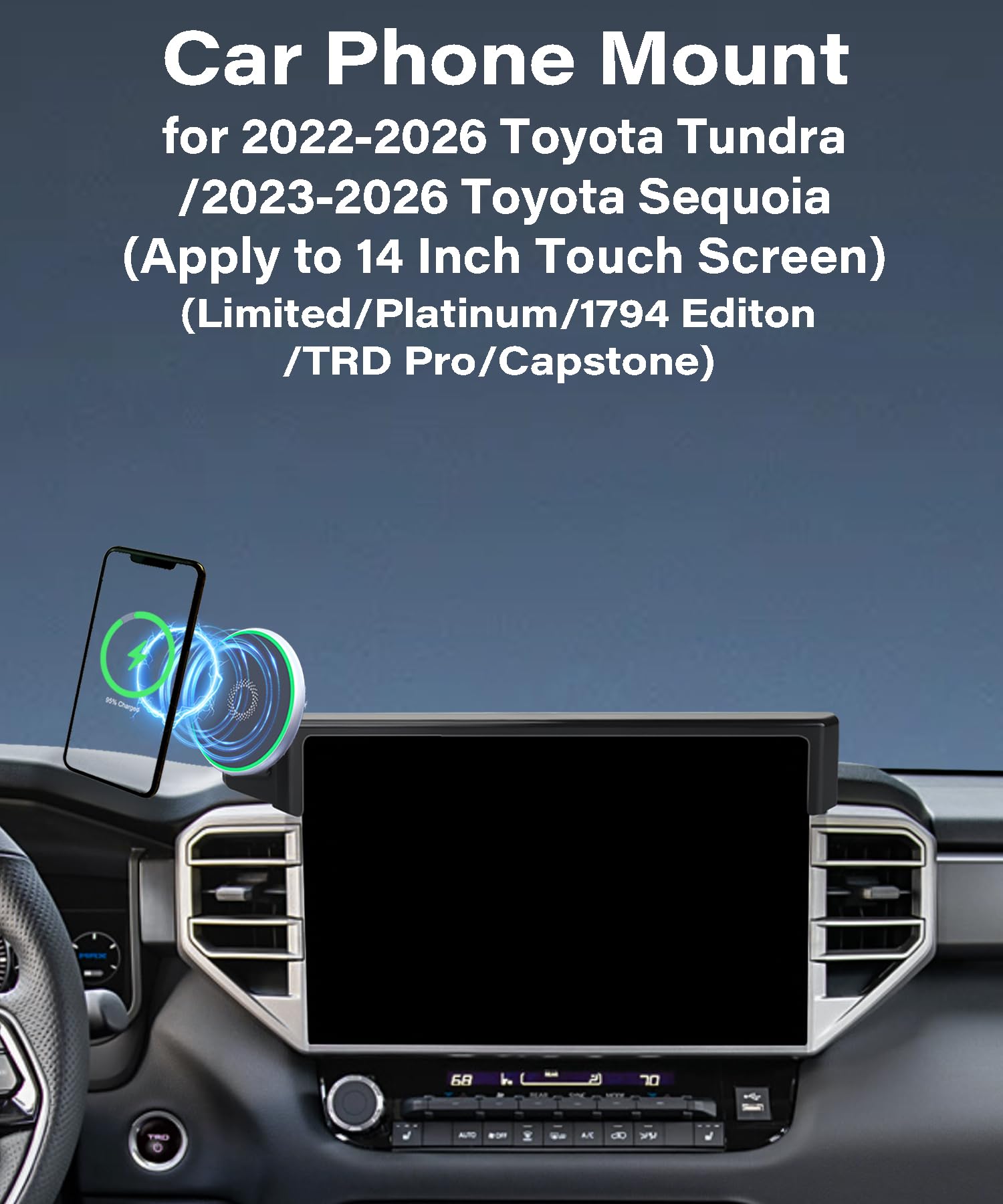 Samochodowy uchwyt na telefon do 2022-2025 Toyota Tundra/2023 2024 2025 Toyota Sequoia akcesoria 15 W szybka bezprzewodowa ładowarka ekran stały klips uchwyt na telefon komórkowy bez